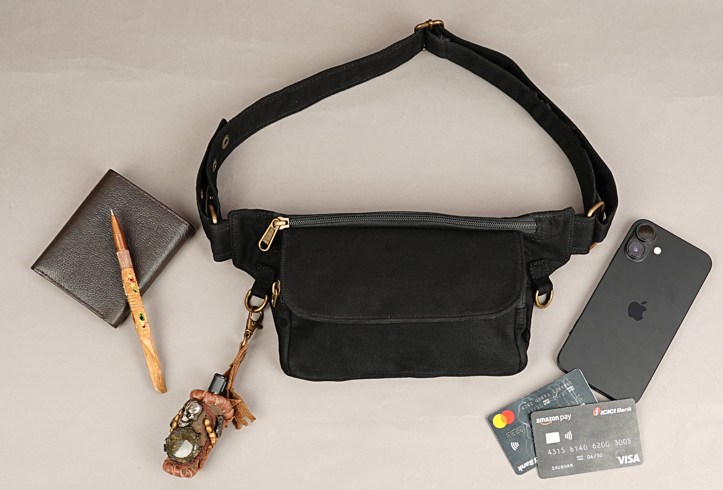 Festival utility waist pouch with adjustable belt and zipper storage