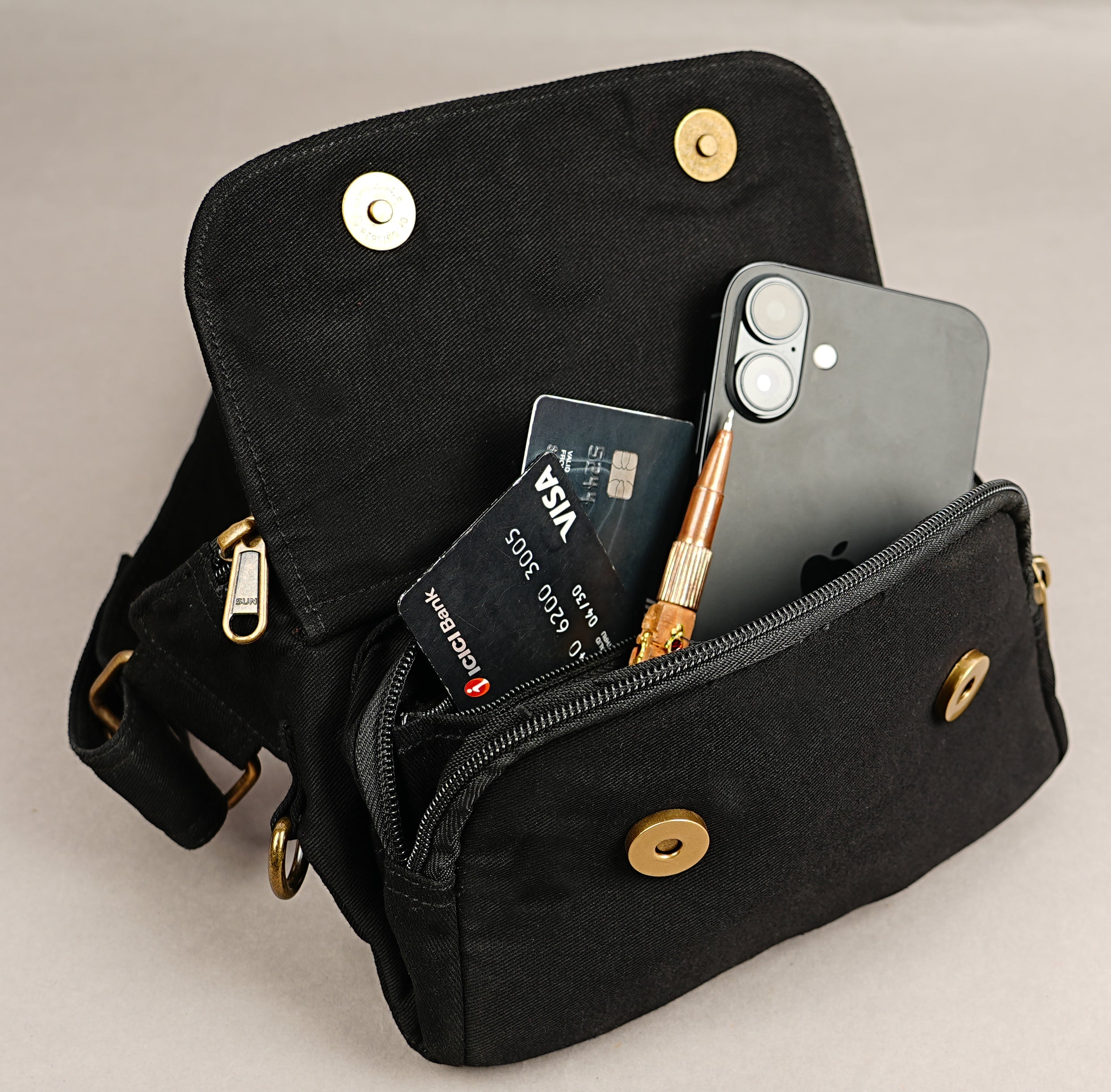 Handmade cotton hip pouch with secure front flap and zipper pocket
