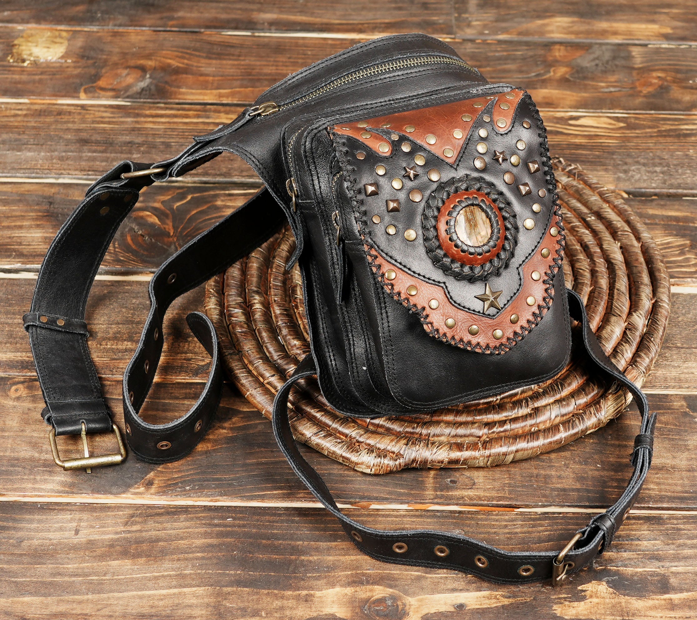 Boho Steampunk Leather Waist Bag – Tribal Festival Thigh Belt 