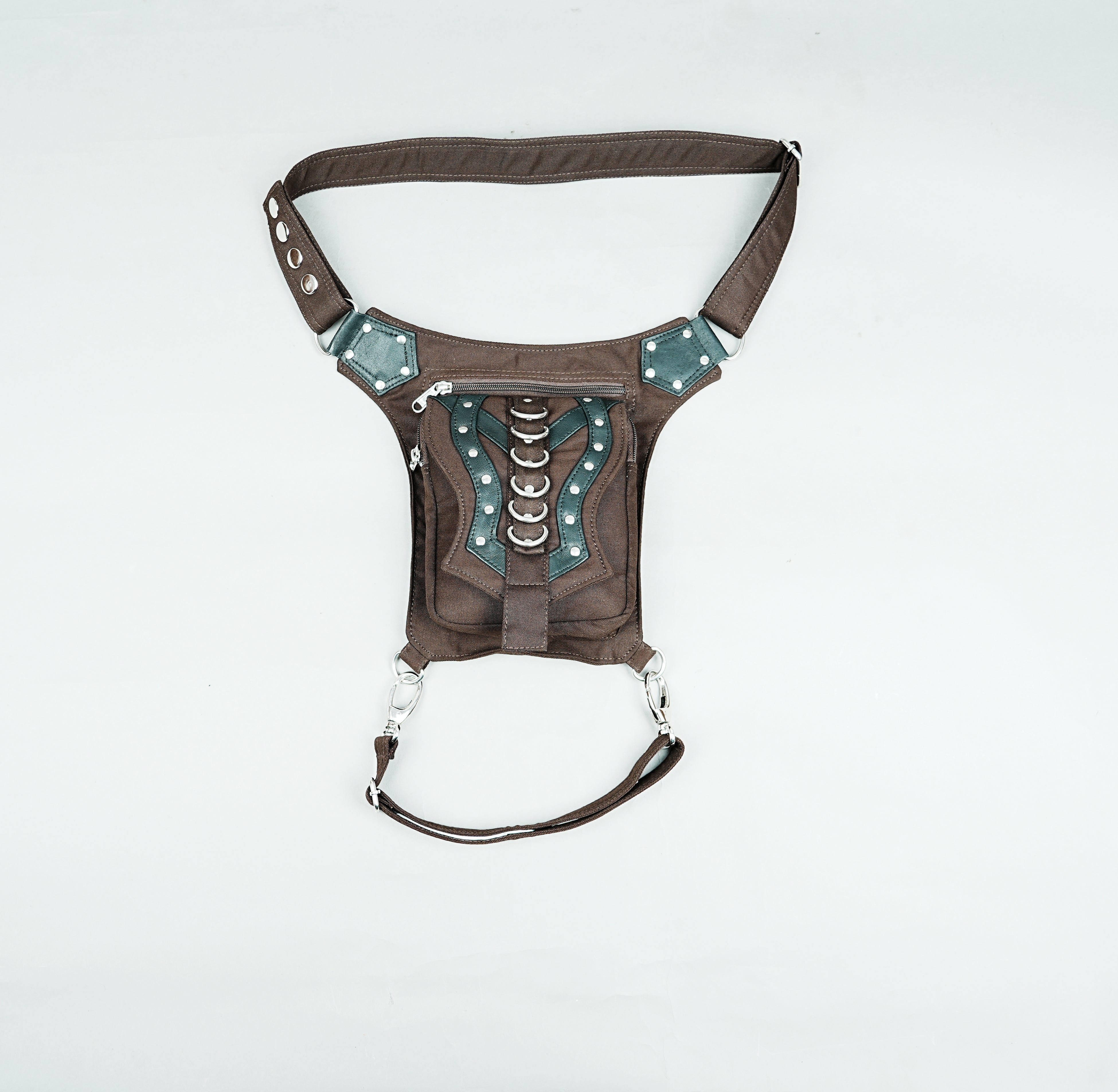 Festival hip pack with leg fastener in durable washed cotton canvas.
