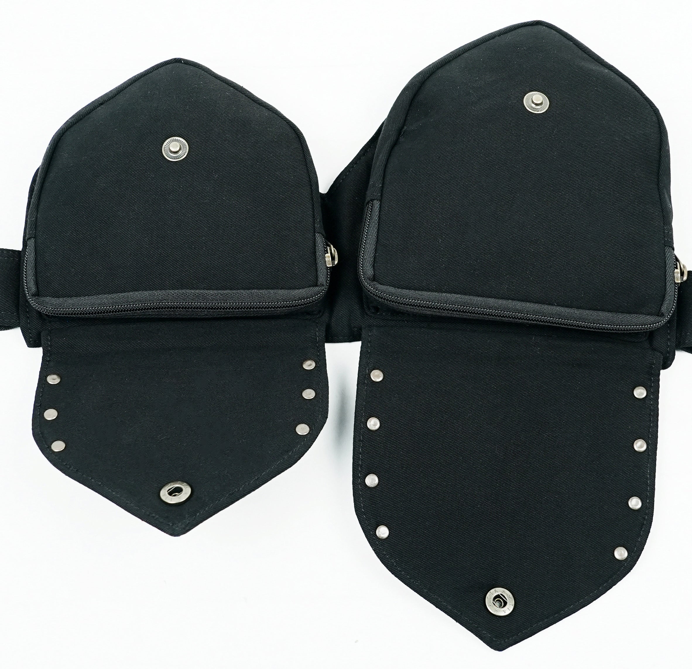 Black canvas travel belt bag with snap button flaps