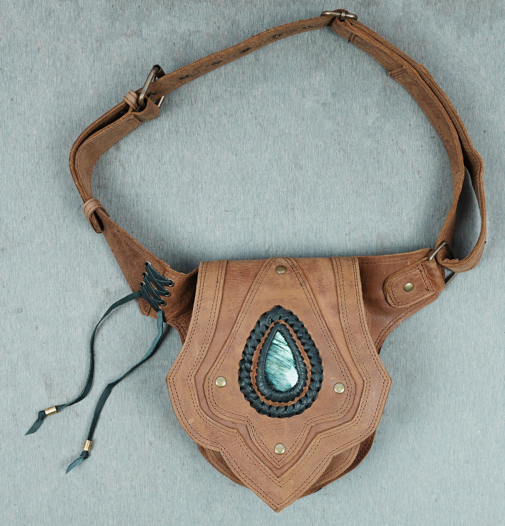 Festival Leather Waist Pouch with Gem Centerpiece and Lace-Side Detailing