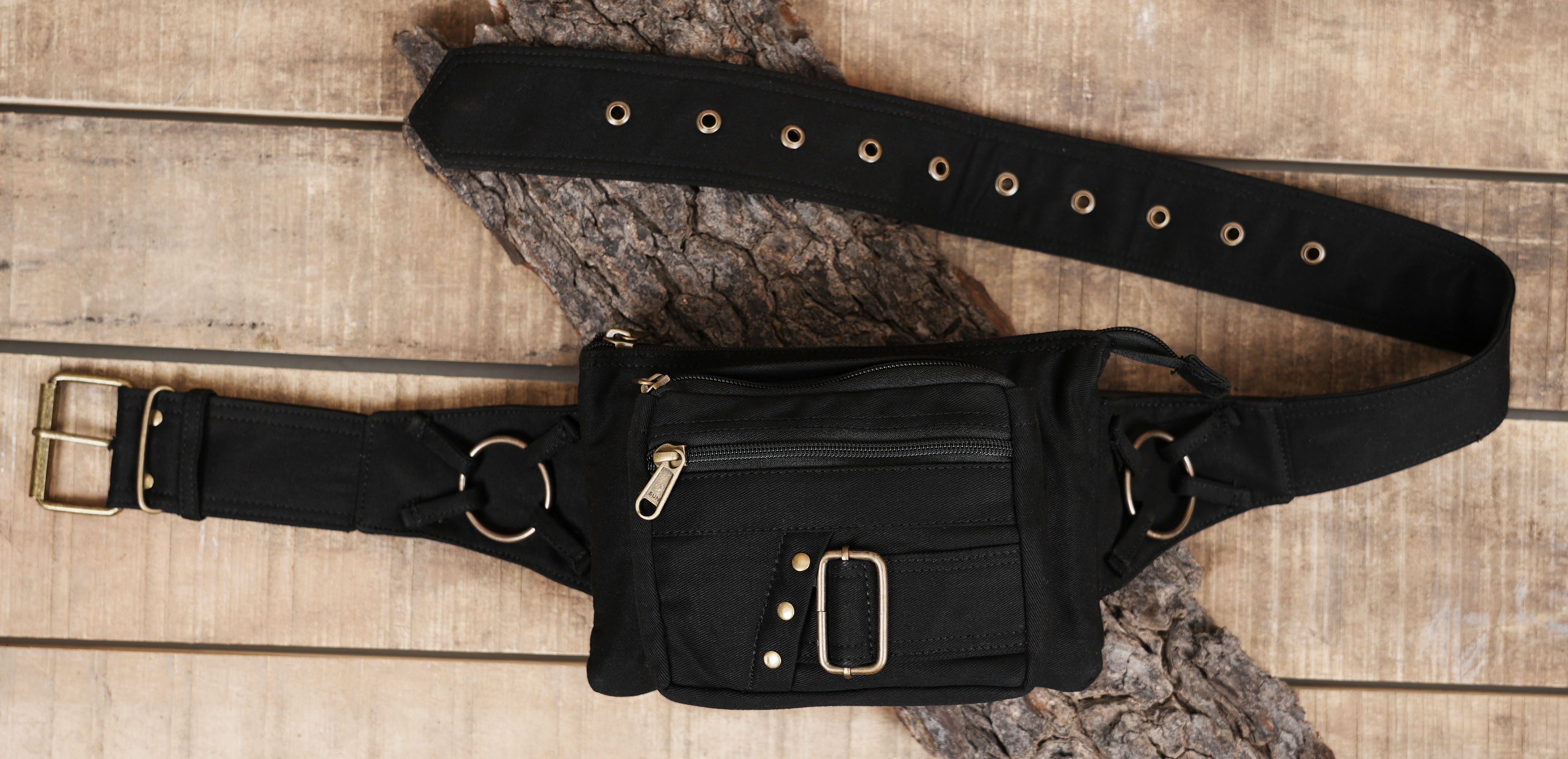 Black cotton canvas utility belt bag with metal buckles and rings