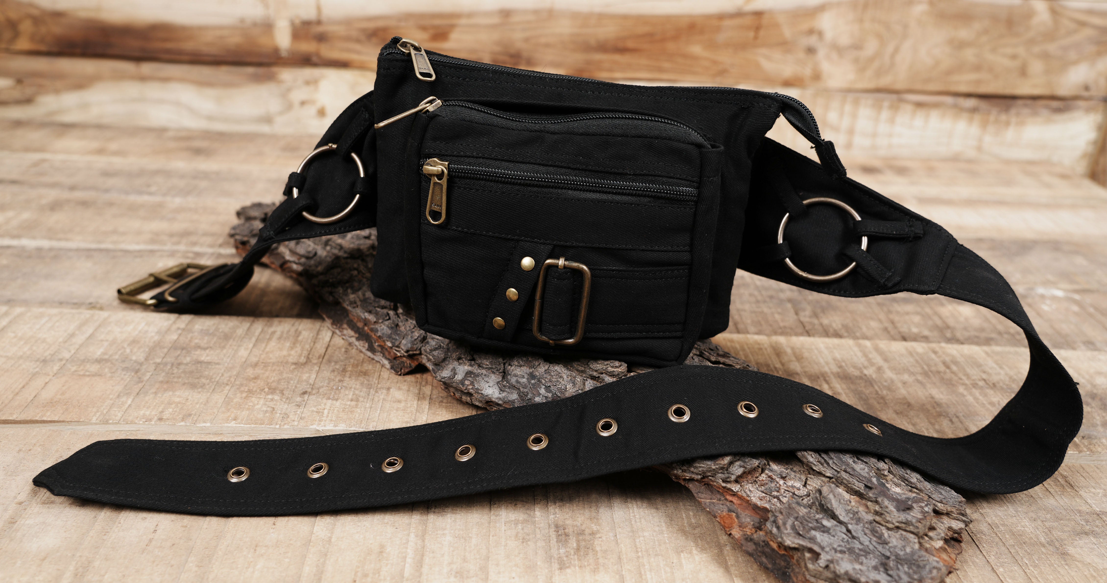 Bohemian festival waist pouch made from rugged black cotton canvas