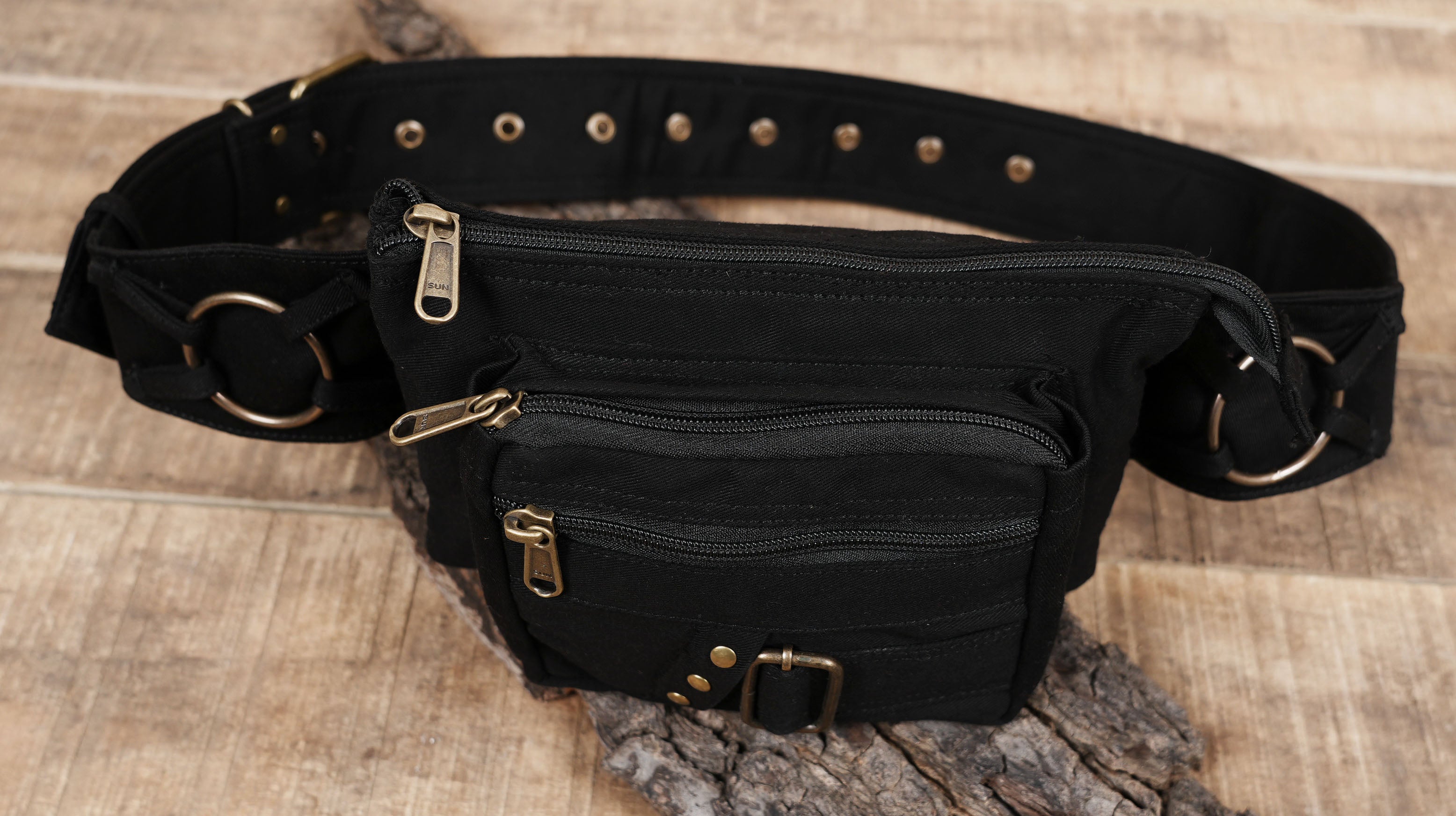 Steampunk style black canvas hip pouch with secure zipper pockets