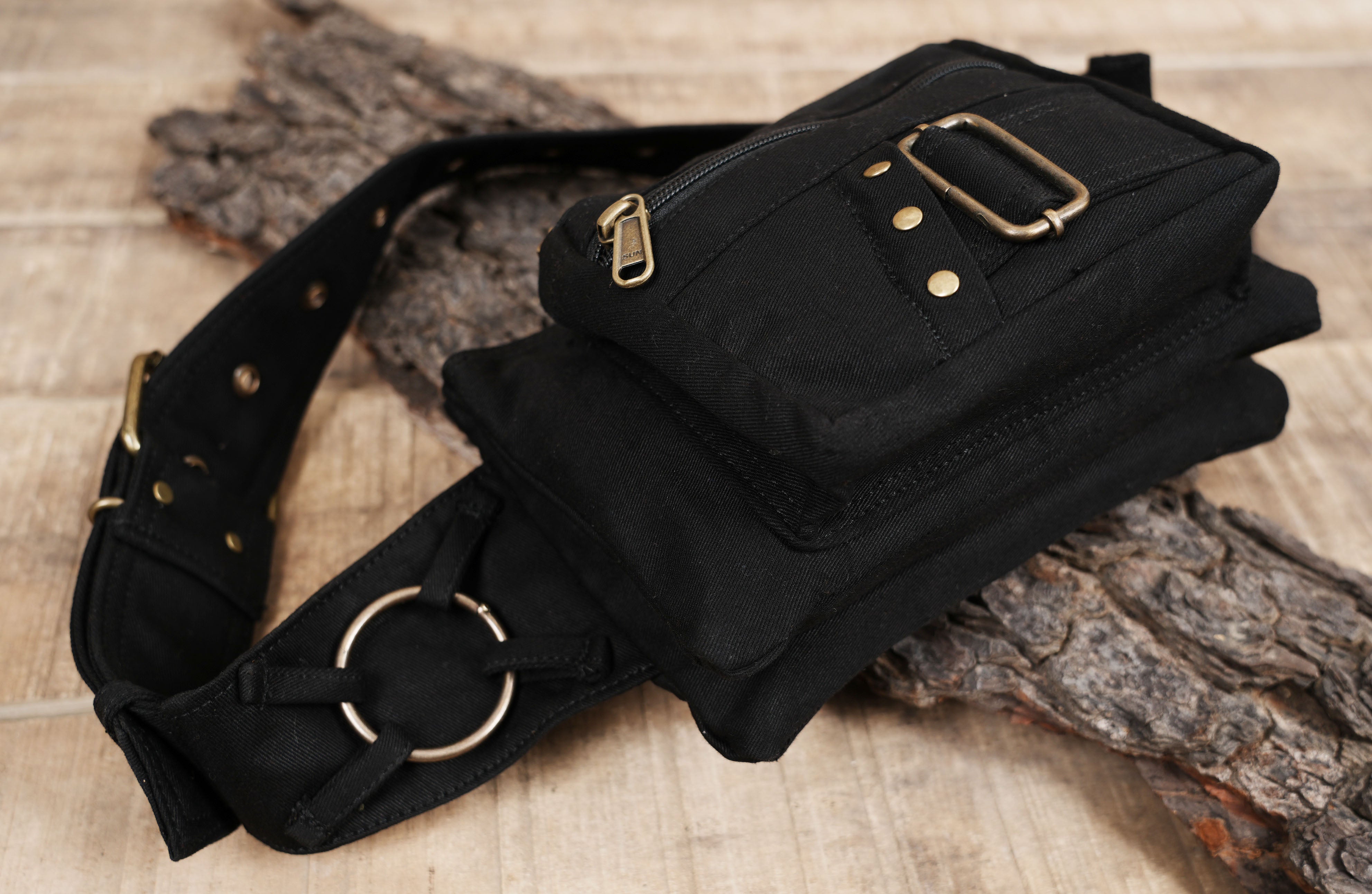 Alternative fashion black canvas hip bag with antique brass hardware