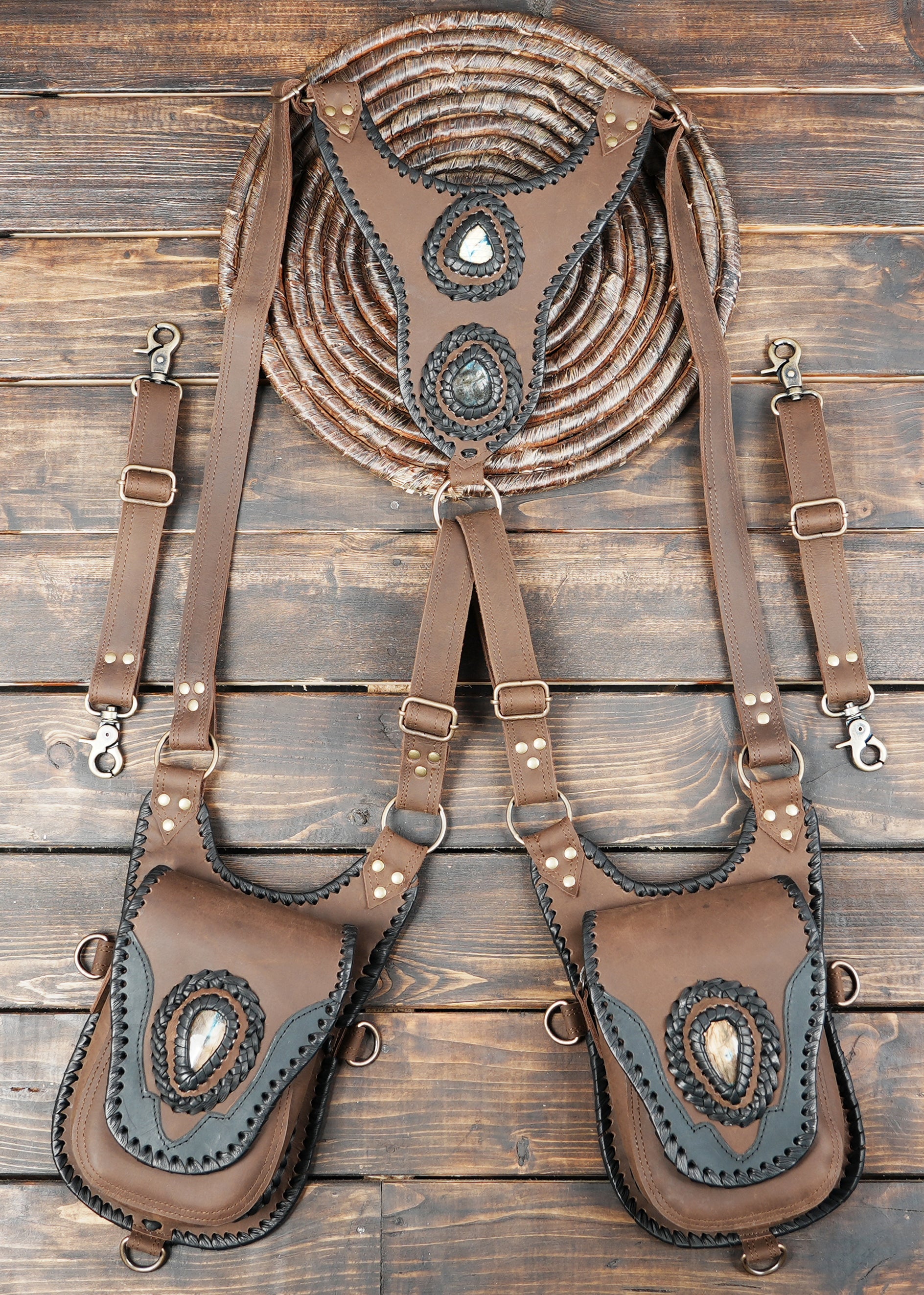 Handmade brown leather chest holster with gemstone detailing