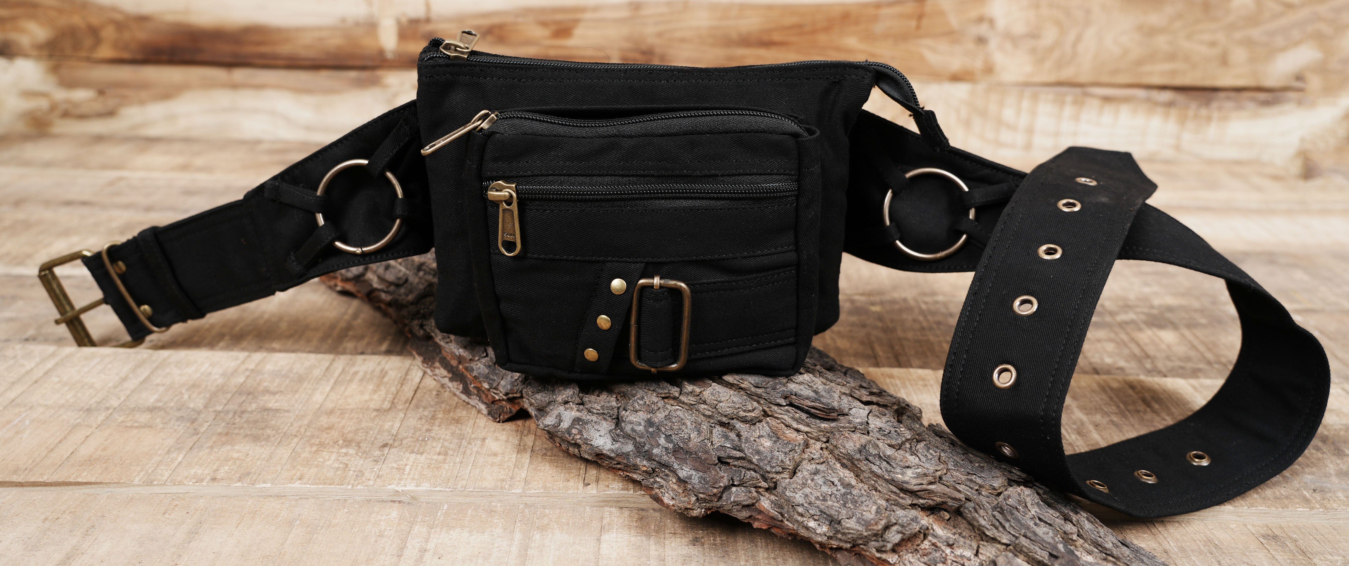 Edgy street style black cotton utility belt with metal buckles