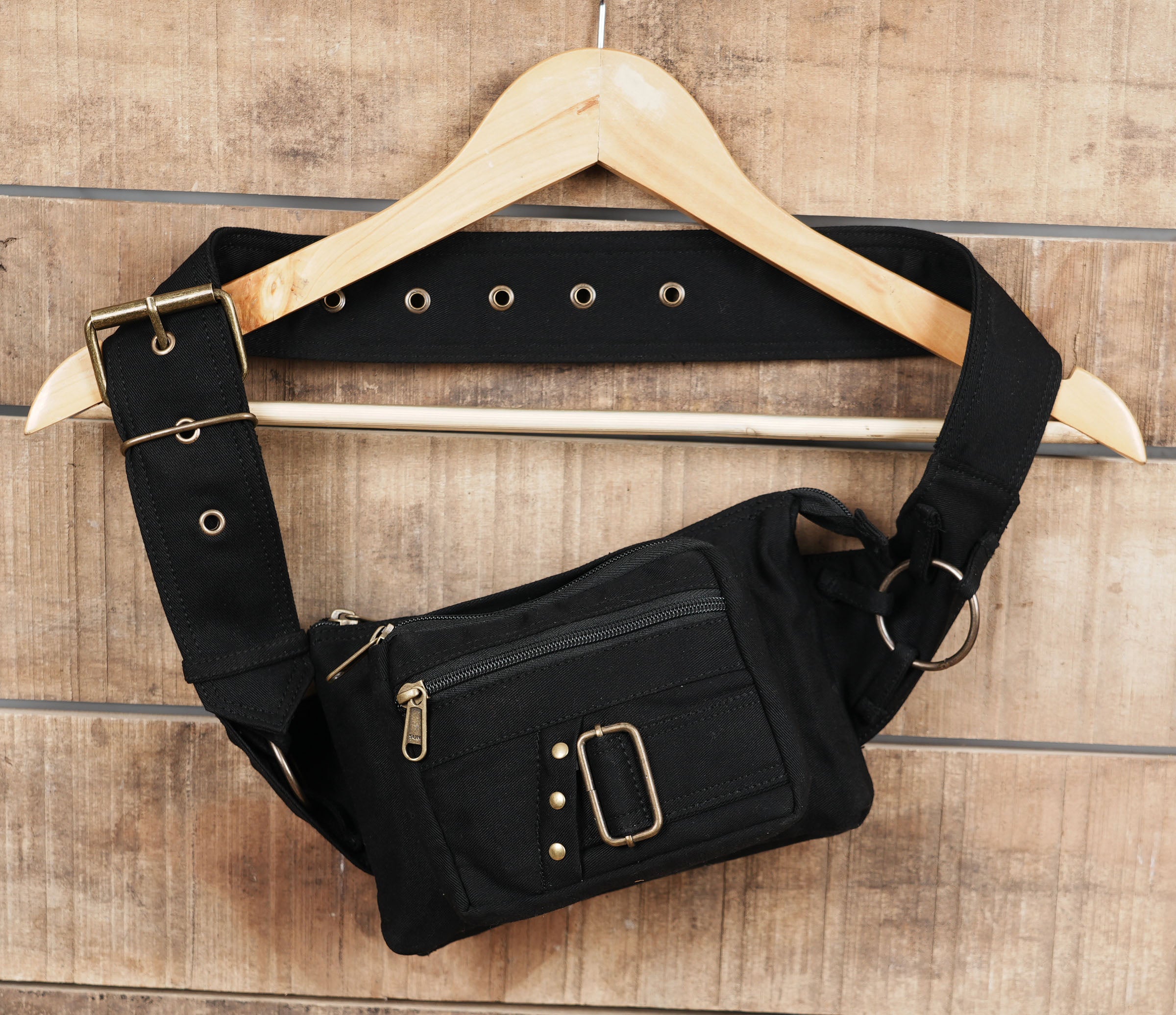 Gothic alternative black canvas hip pouch with secure closures and rings