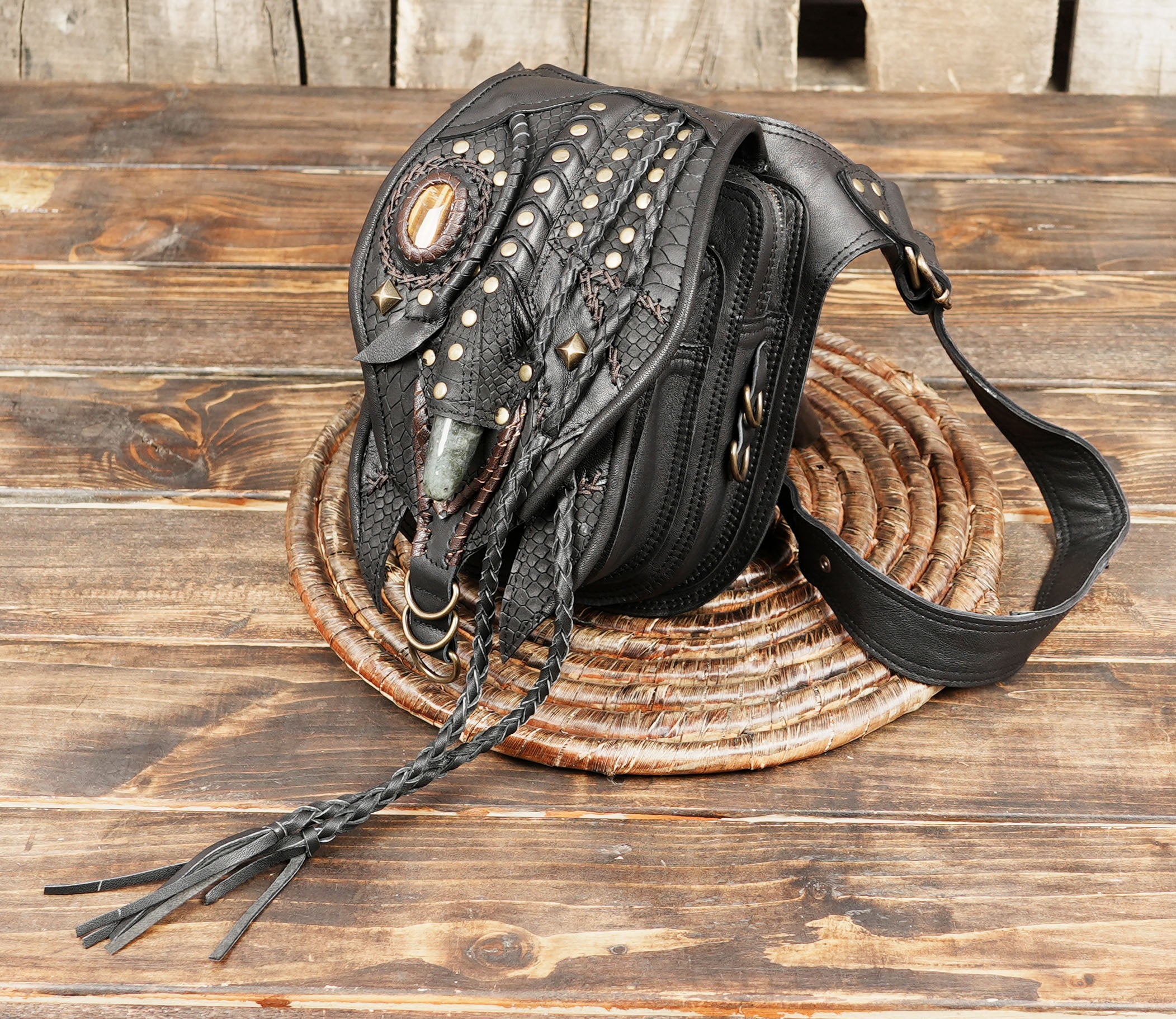 Leather waist bag for men and women with gemstone and rustic texture