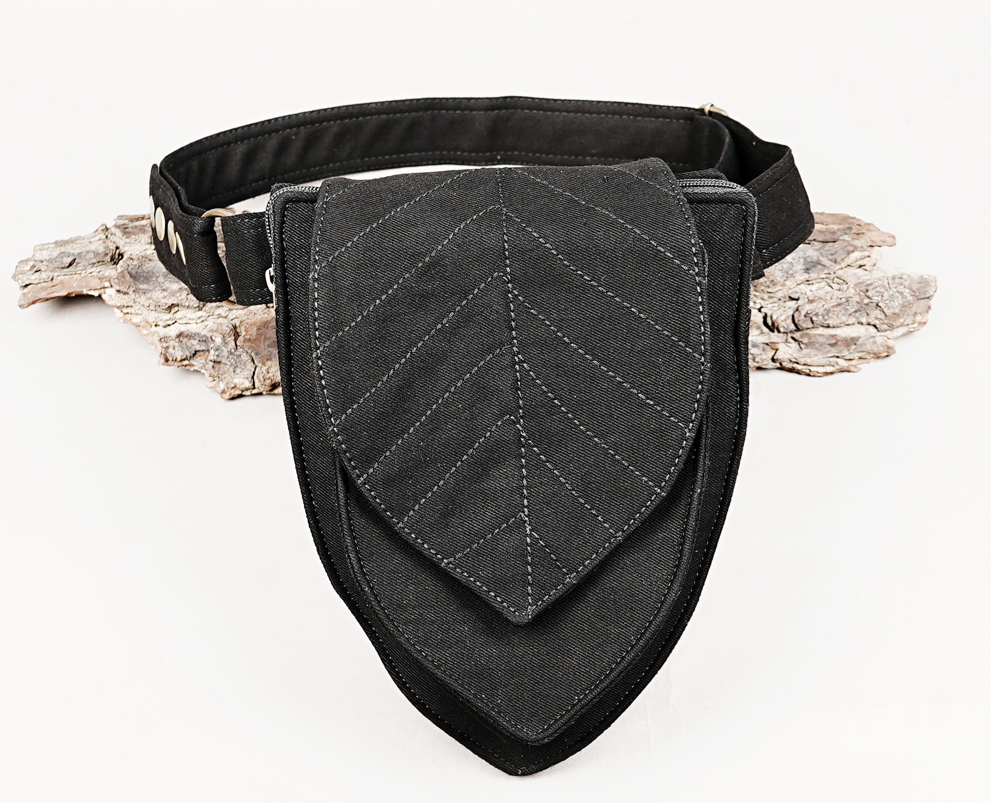 festival fanny pack made of black fabric with leaf embroidery