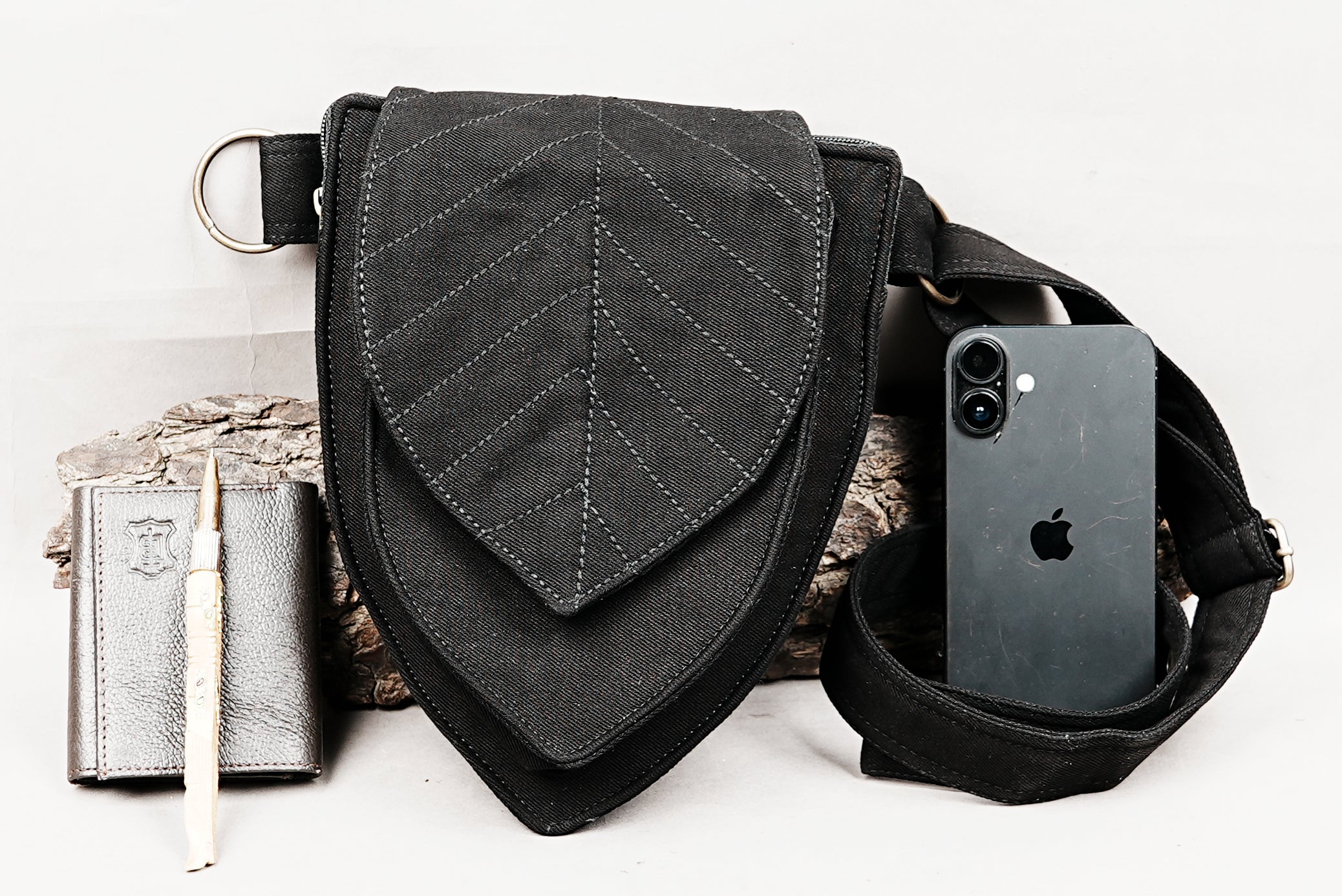handmade canvas pouch with unique embroidered leaf detail
