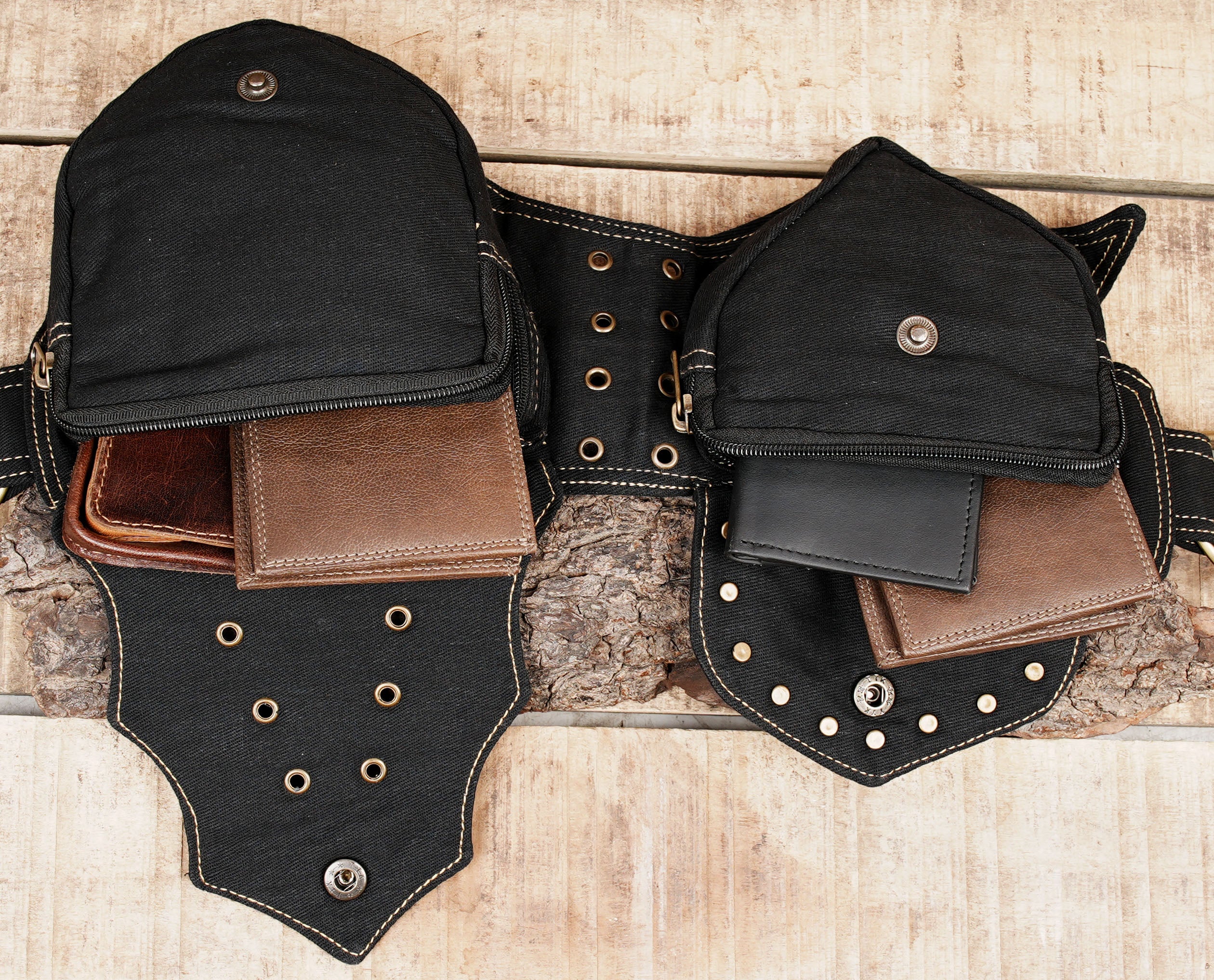 Handmade canvas multi pocket utility belt with brass studs and metal eyelets flat