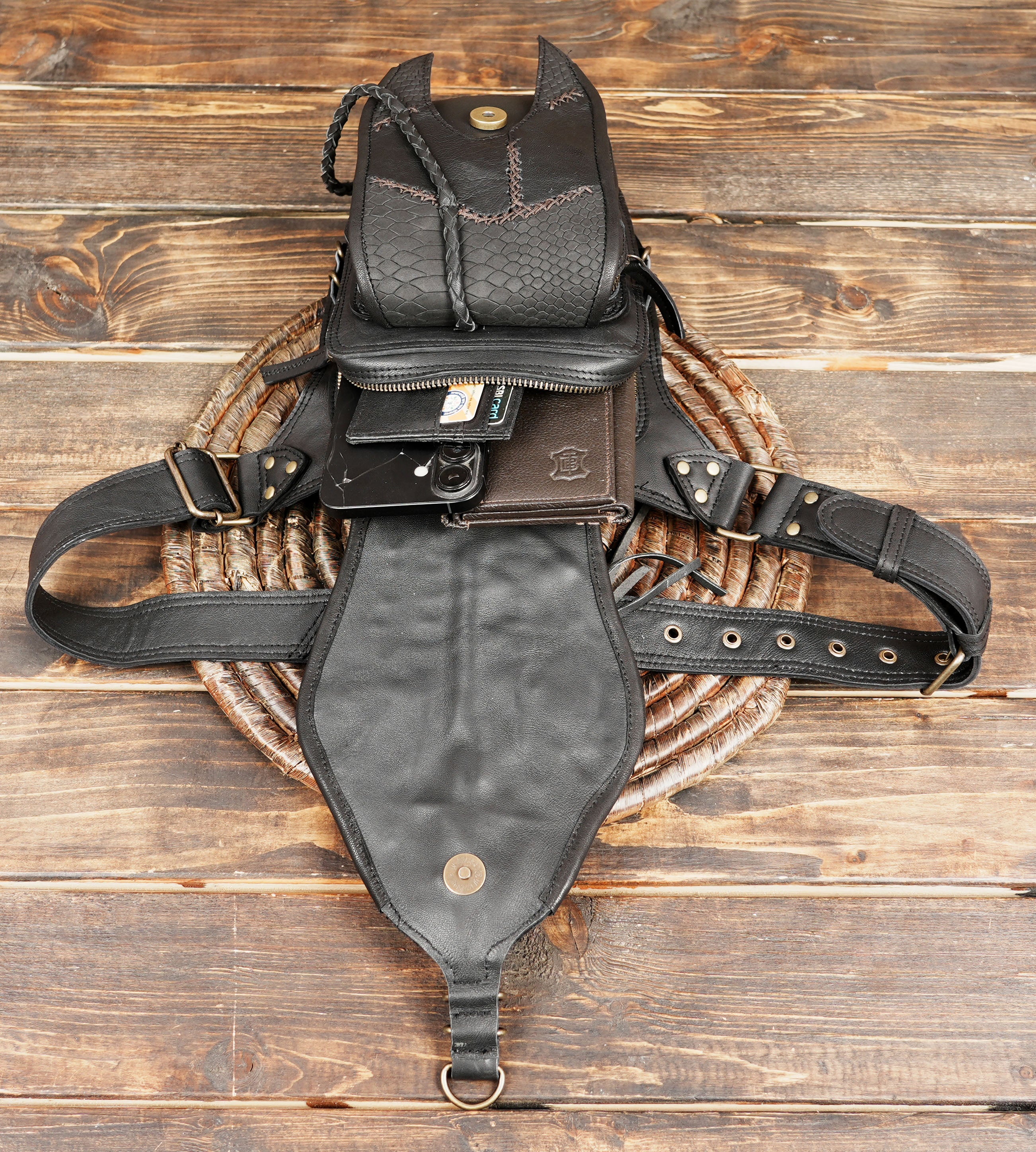 Black leather fanny pack with gemstone and western studded trim