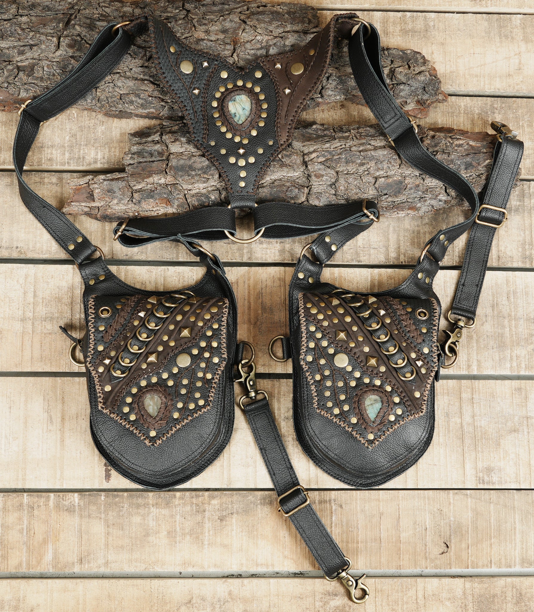 Handmade Dual Shoulder Leather Holster Harness || Steampunk Style Leather Shoulder Holster with Stud Detail (LT/AB/HLS/6038)