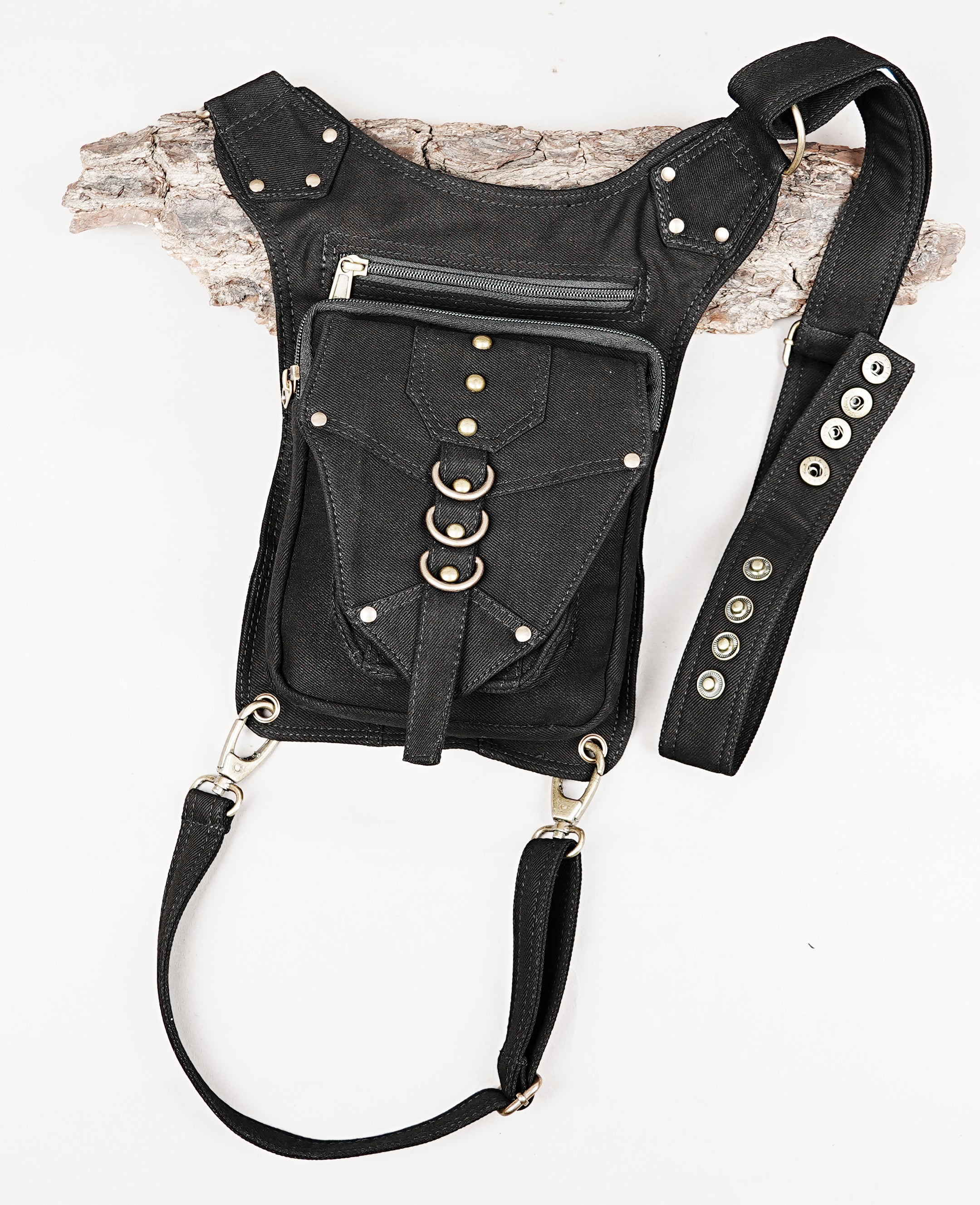Utility drop leg fanny pack in black cotton canvas for rave festivals and motorcycle trips.
