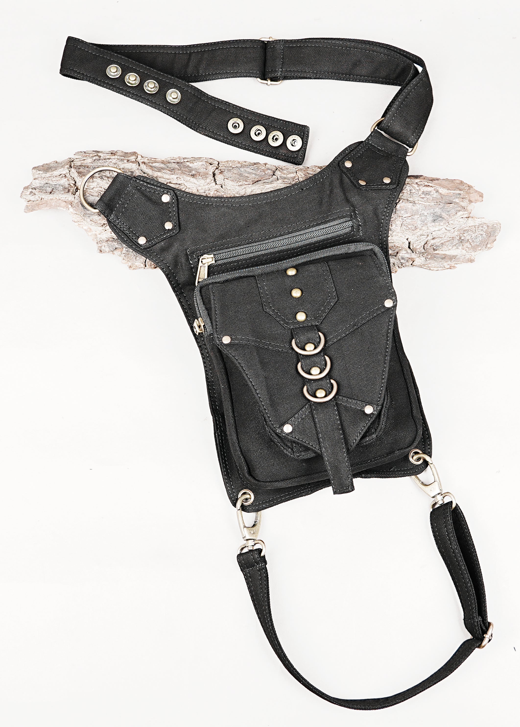 Black motorcycle drop leg pouch made from breathable handmade cotton fabric.