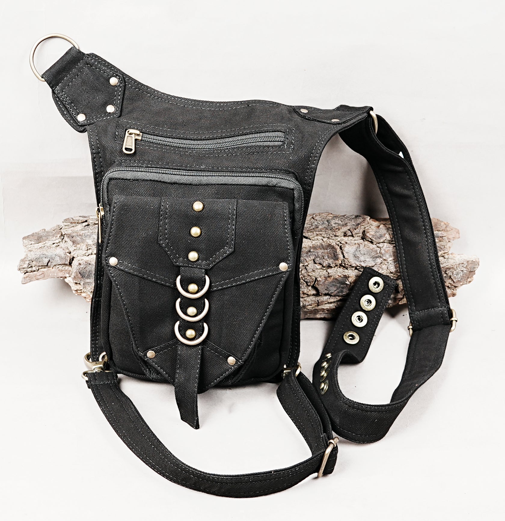 Steampunk utility leg pack in heavy-duty black cotton canvas with brass hardware.