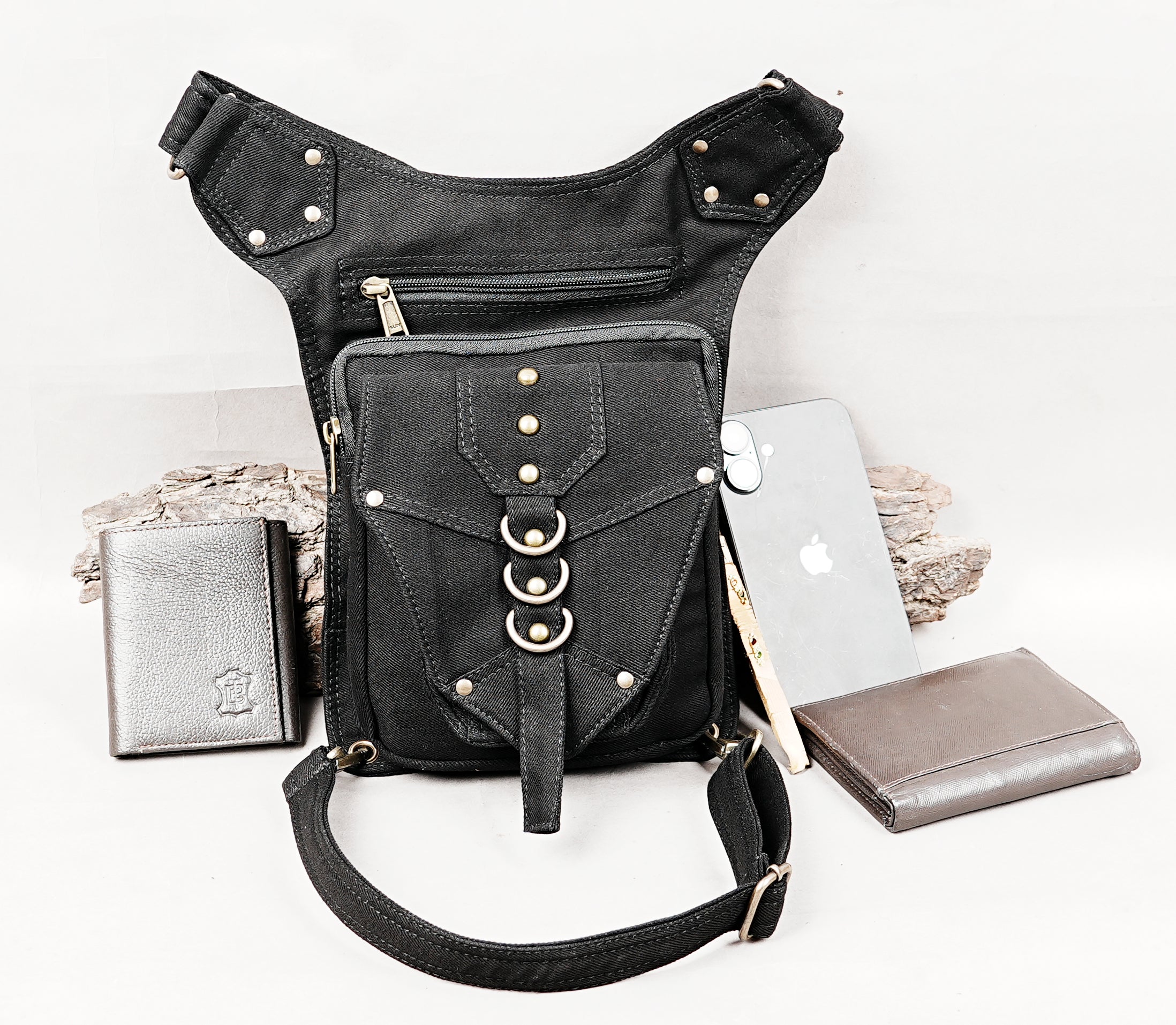 Festival hip pack with leg fastener in durable washed black cotton canvas.