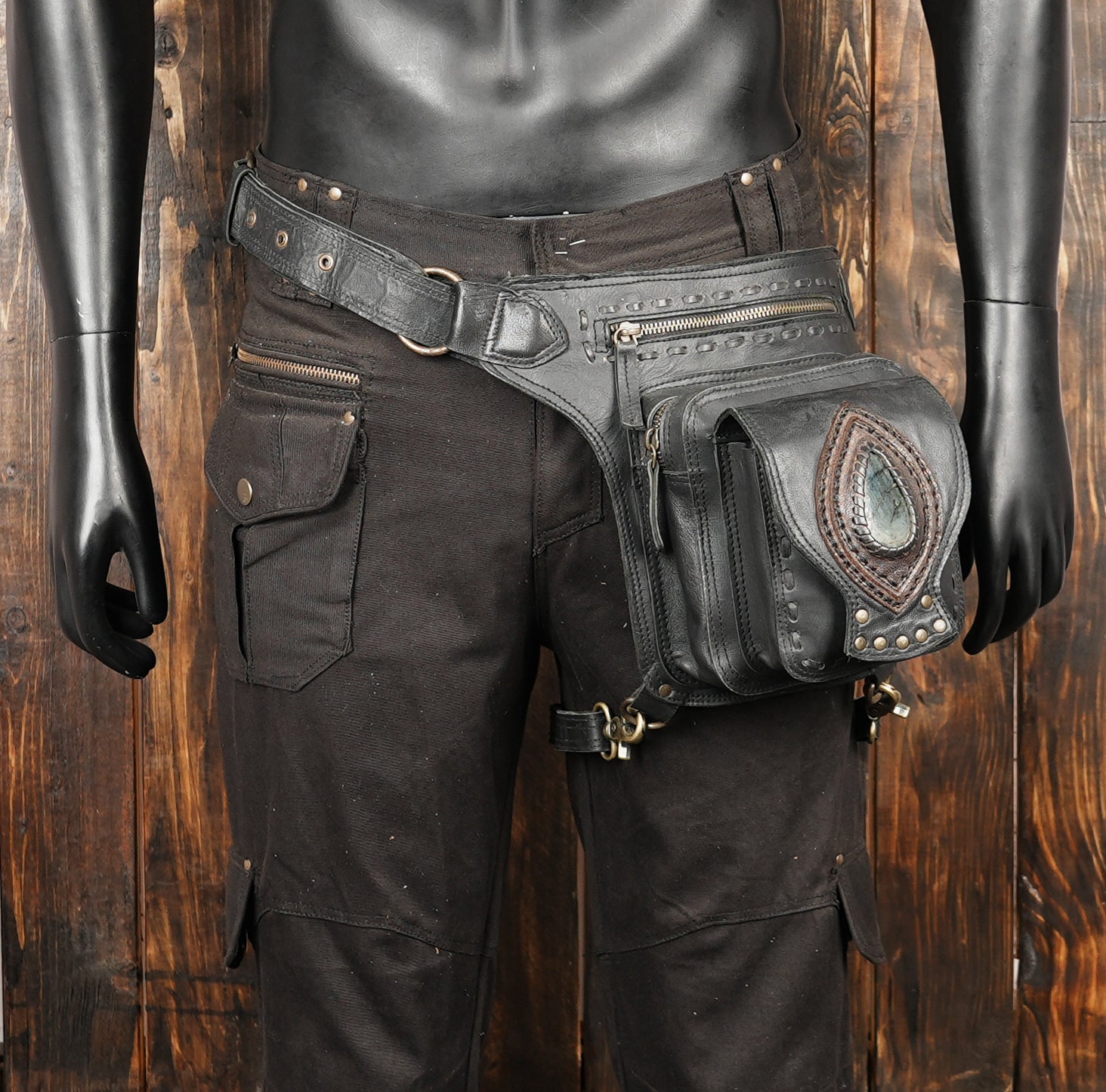 Handmade  black Leather Gemstone Belt Bag: Festival Hip Pack 