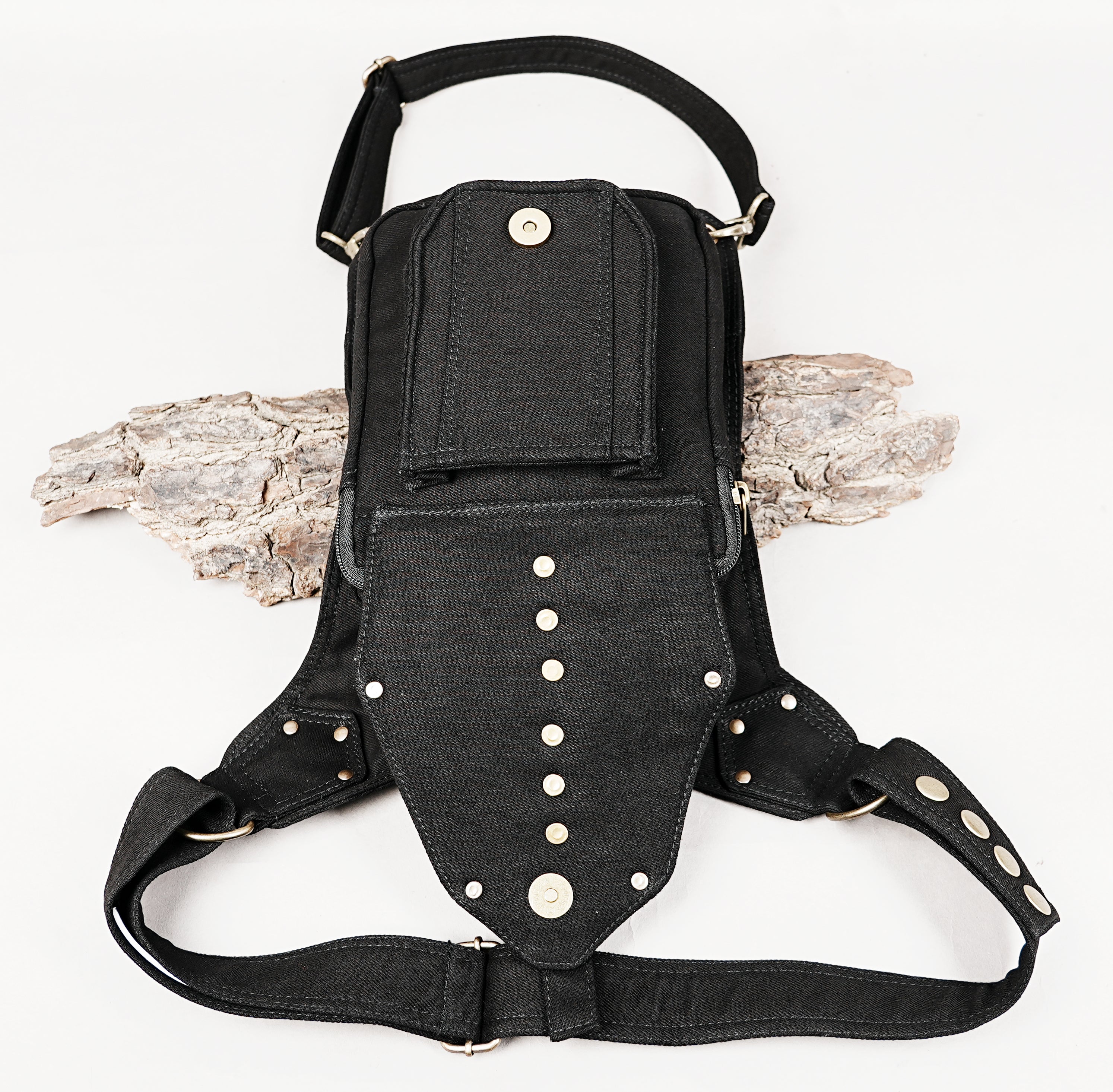 Gothic cyberpunk canvas waist pack with metal D-rings and adjustable thigh strap.