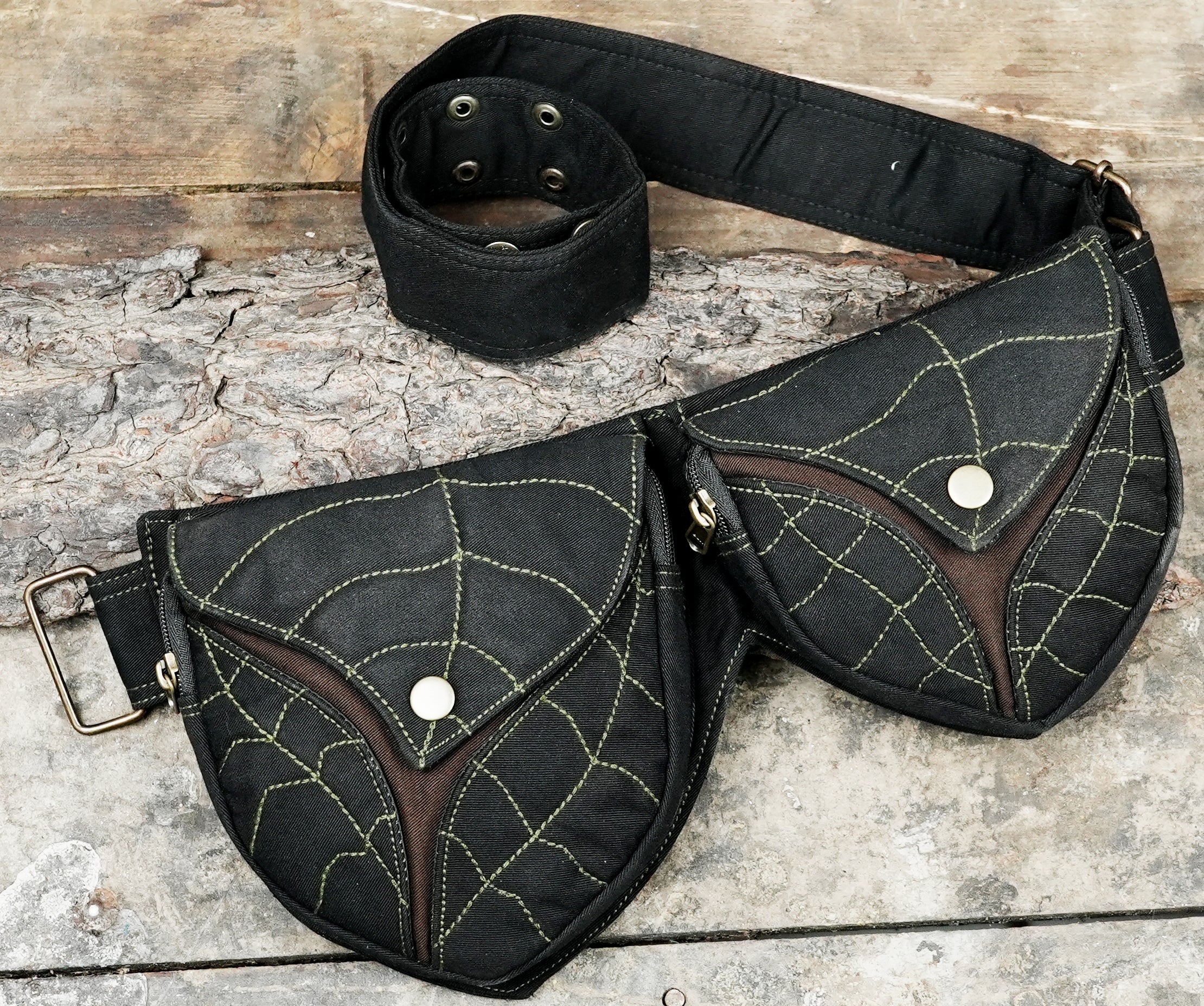 Black boho cotton hip bag with pockets