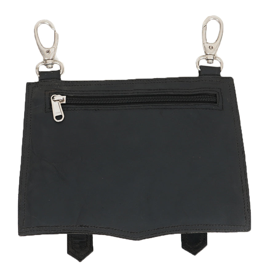 Black leather waist pouch with durable stitching
