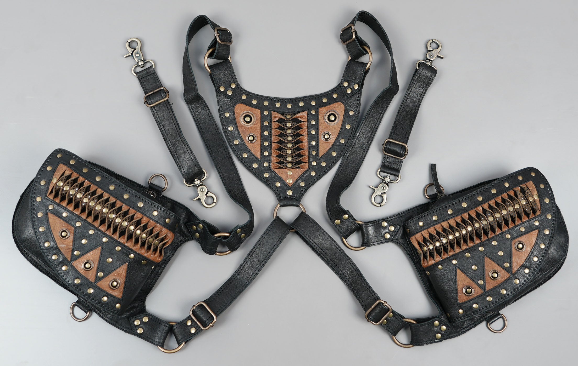 Handcrafted Black Leather Dual Holster Harness with Brass Hardware || Adjustable Leather Harness Holster for Festival and Cosplay Wear(LT/AB/HLS/6070)