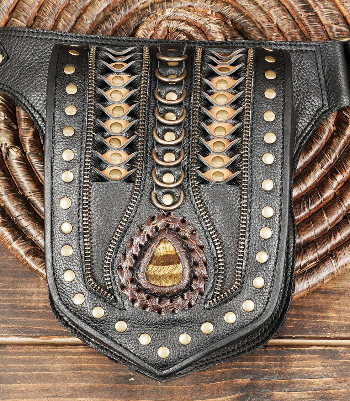 Handmade Leather Waist Belt with Gemstone Centerpiece || Boho Leather Waist Belt with Multi Pocket Design (LT-AB-WB-6180)