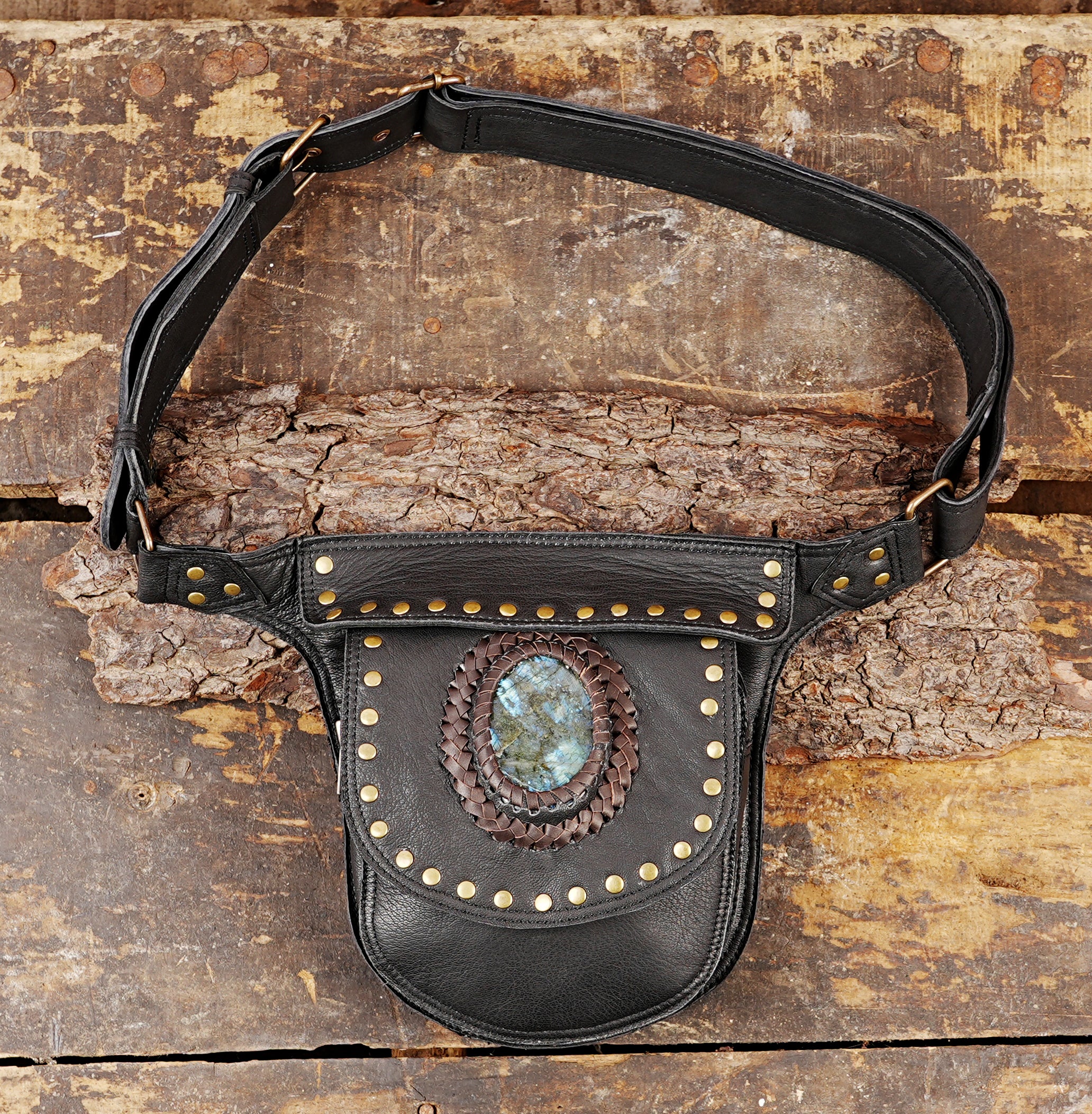 Handmade Leather Waist Belt Bag with Gemstone Centerpiece || Genuine Leather Hip Pouch with Tribal Stone Detail (LT-AB-WB-6029)