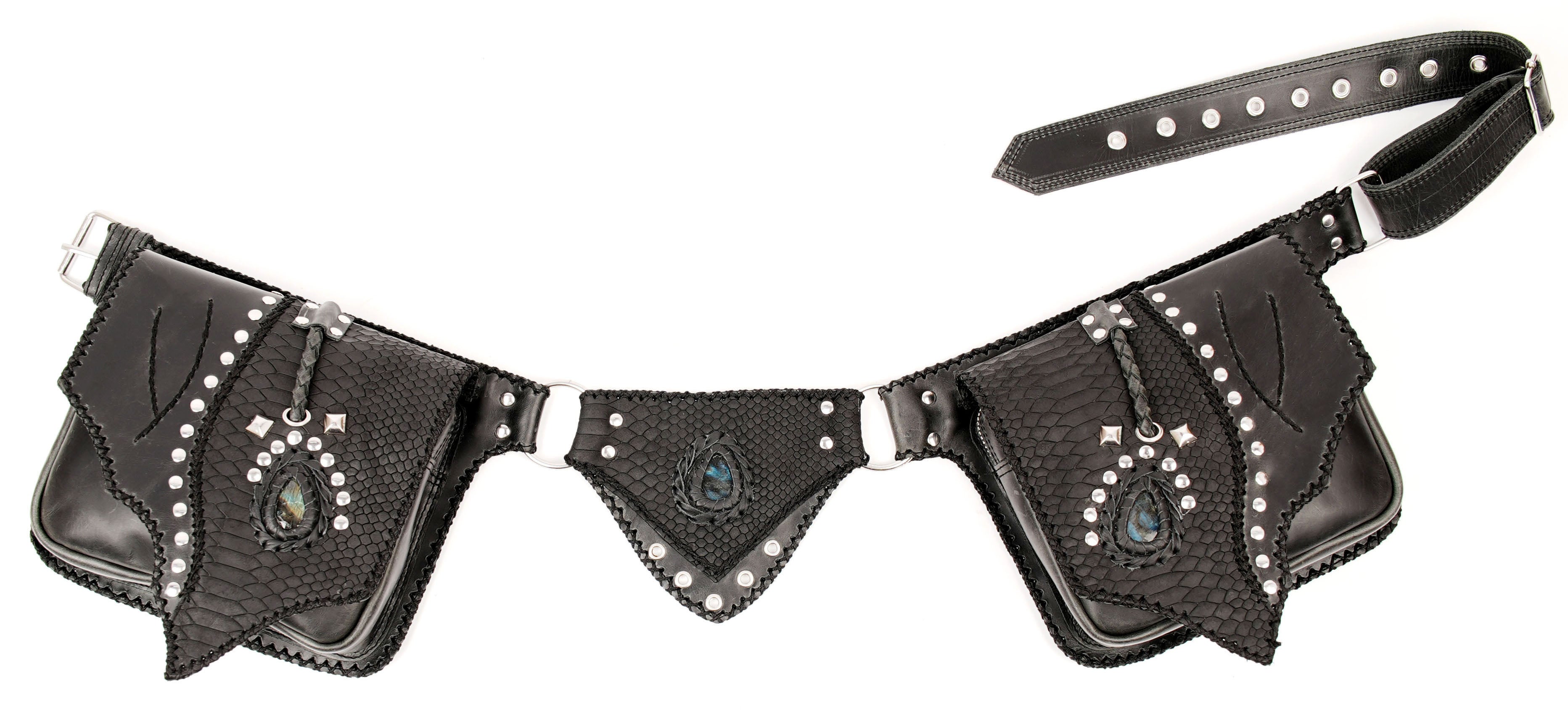 Black leather waist belt with metal hardware and studs