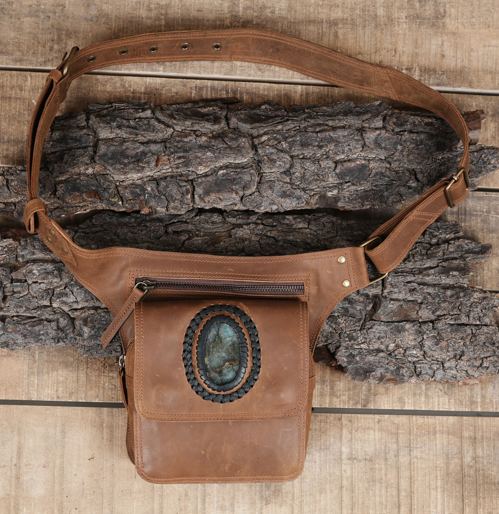 Handmade Brown Leather Waist Belt – Utility Bag with Gemstone Accent (LT-AB-WB-6021)