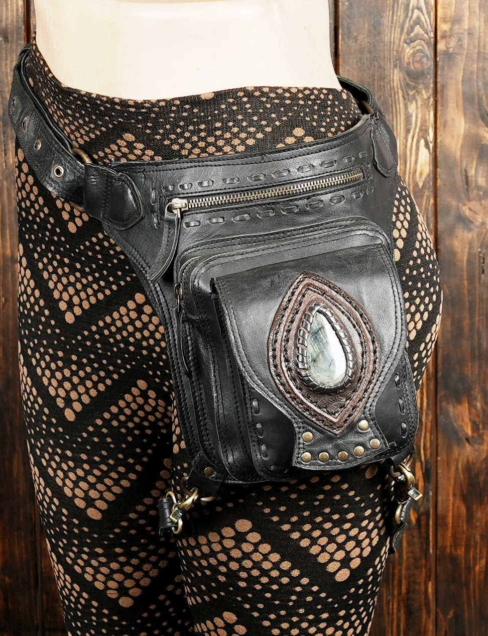 Bohemian black leather waist bag with gemstone accent and rivets