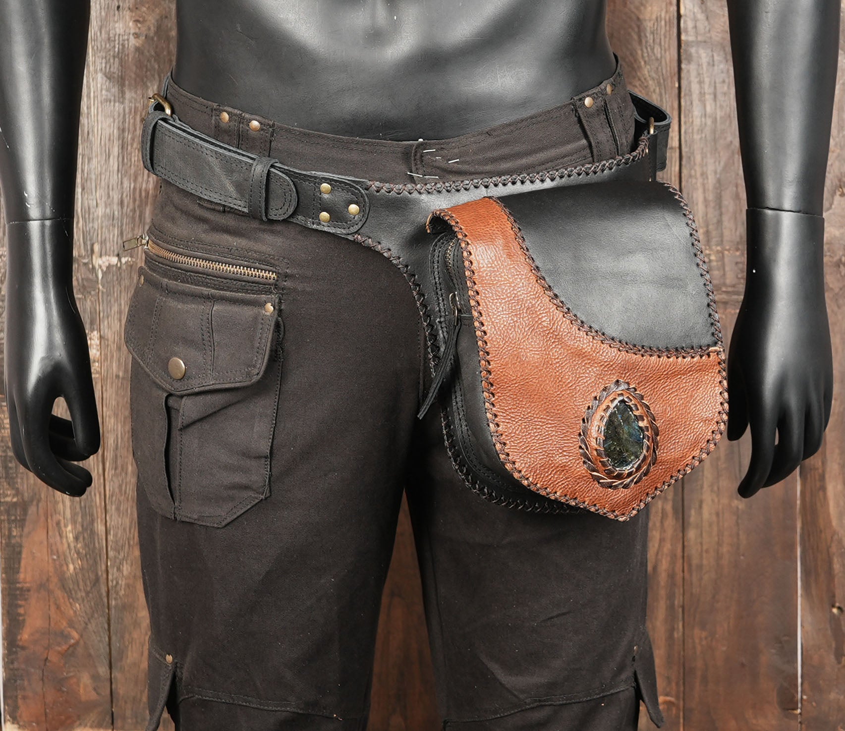 Premium Genuine Leather Waist Belt with Gemstone Pouch || Two-Tone Leather Waist Belt with Decorative Flap  (LT-AB-WB-6203)