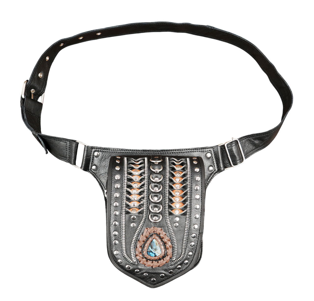 Gothic leather hip pouch with braided detailing and adjustable waist strap.