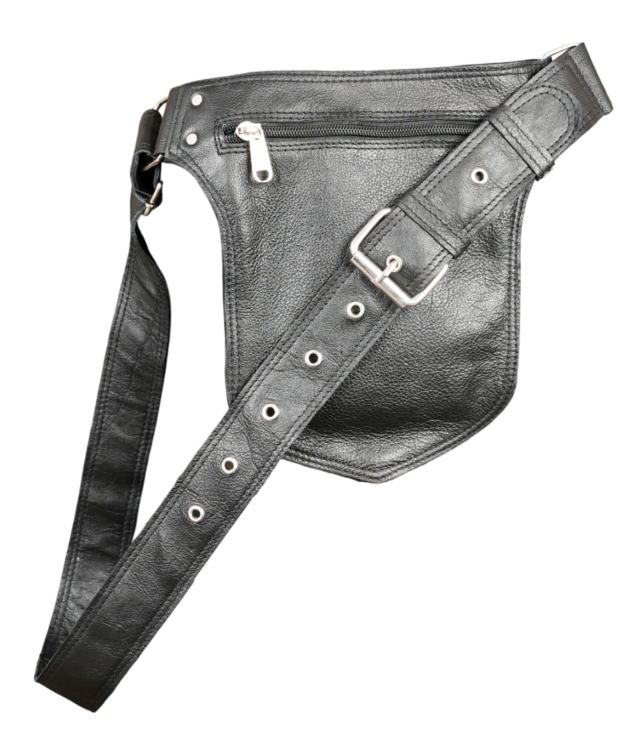 Leather hip belt pouch with zipper pockets and boho gemstone detail.