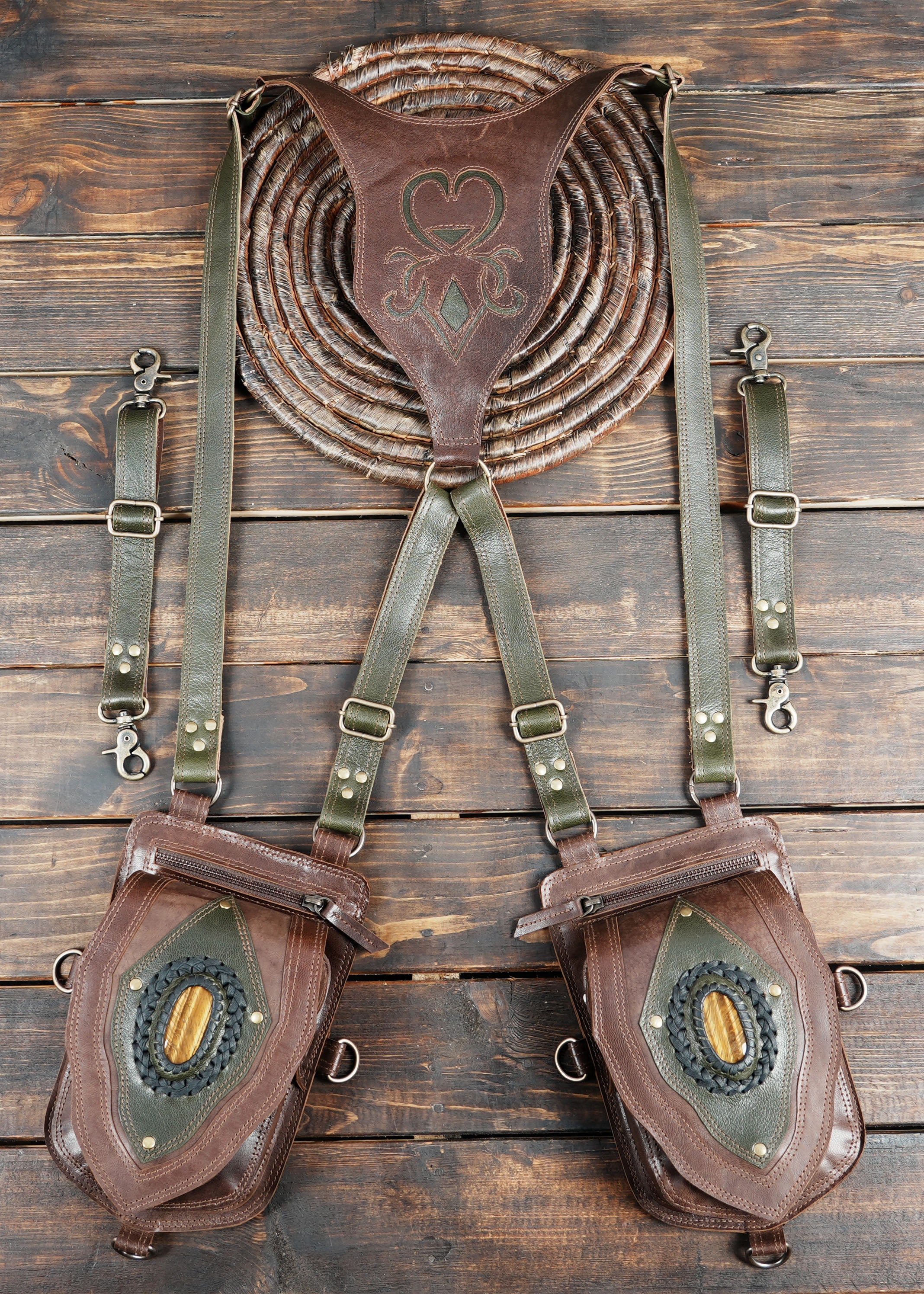 Custom handmade shoulder holster with green textured leather