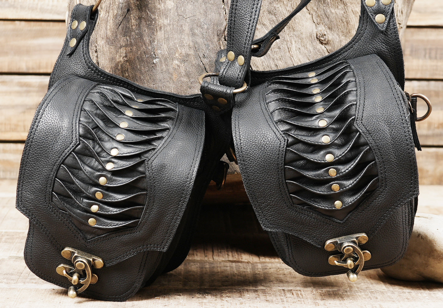 Handmade leather holster rig with twin utility pouches