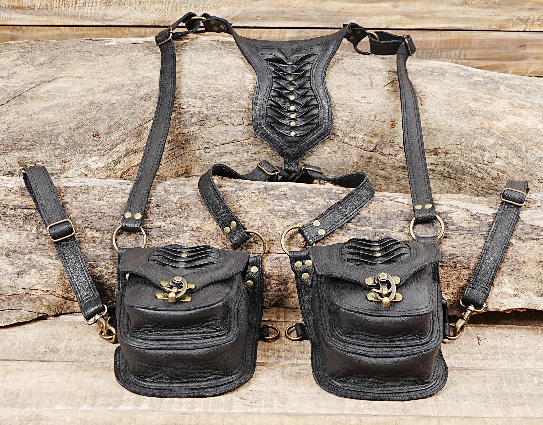 Steampunk leather dual pouch holster harness