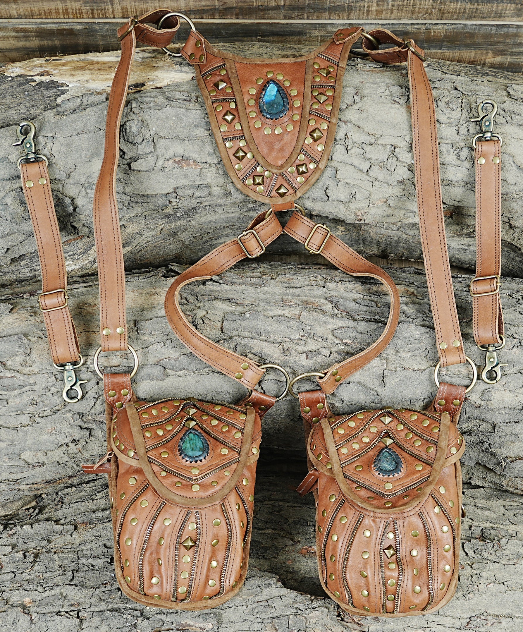 Handcrafted Leather Holster with Labradorite Stone Accents || Boho Style Leather Dual Pouch Holster with Gemstone Detail (LT-AB-HLS-6099)
