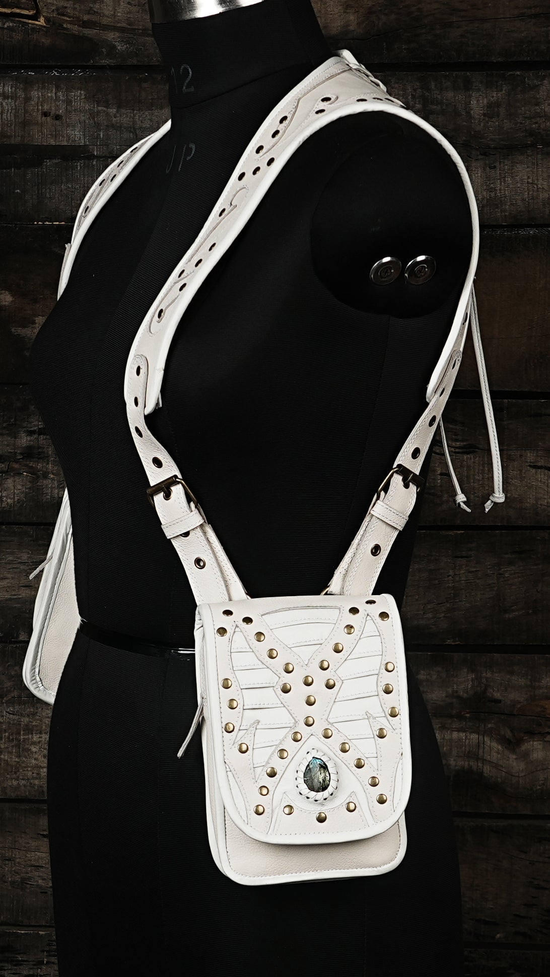 Harness Double Side Shoulder Bag In Black Textured Leather with steel metal 