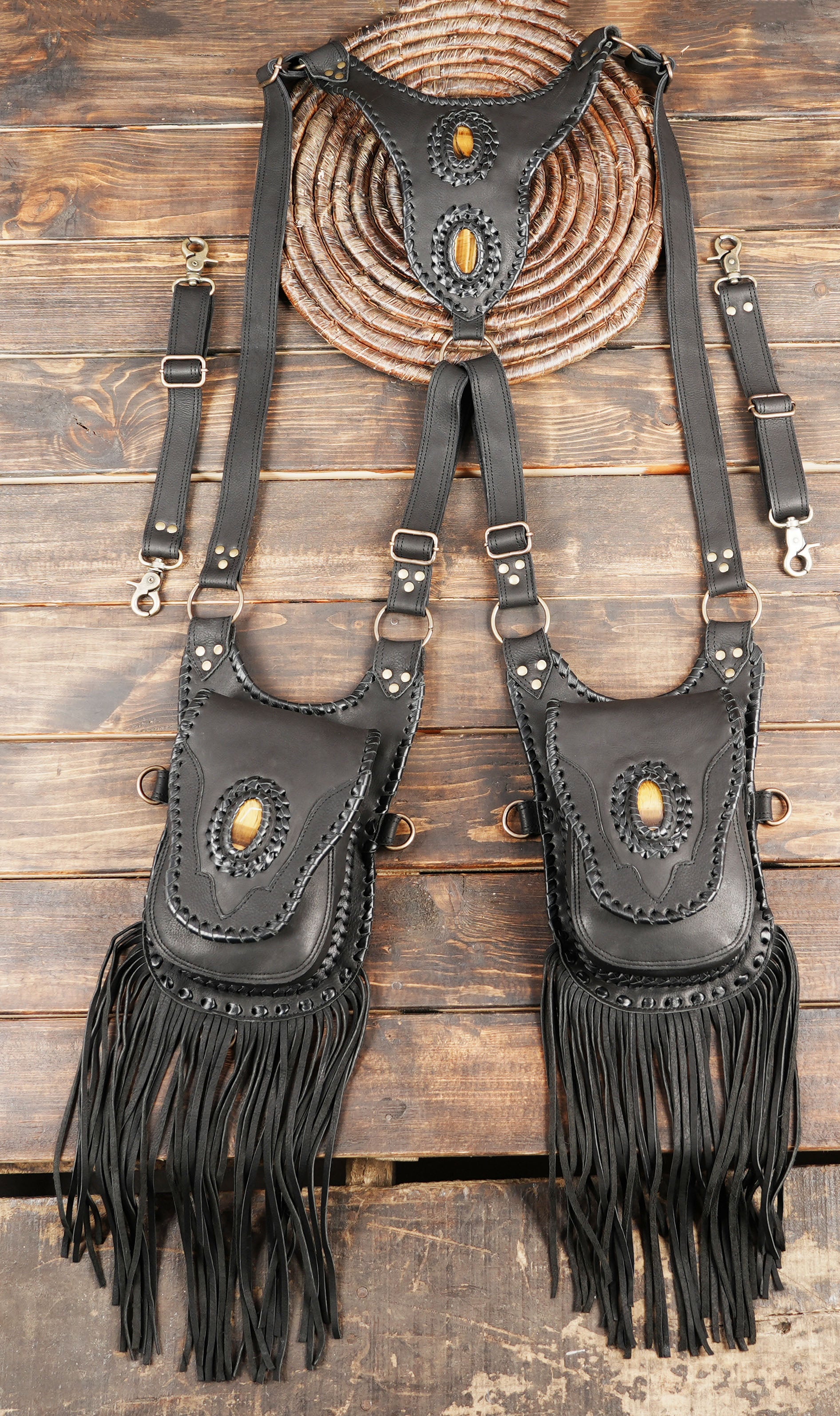 Handmade western leather holster bag with gemstone detail and fringe