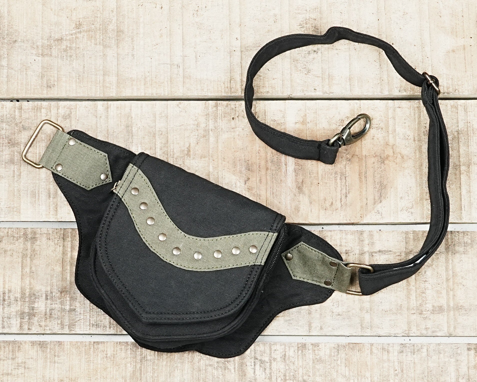 Gothic pixie pocket belt in black cotton with olive green canvas trim