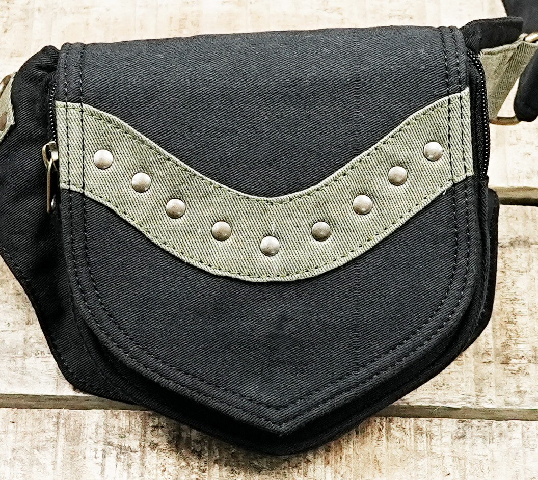 Festival bum bag in black canvas with adjustable strap and metal hardware