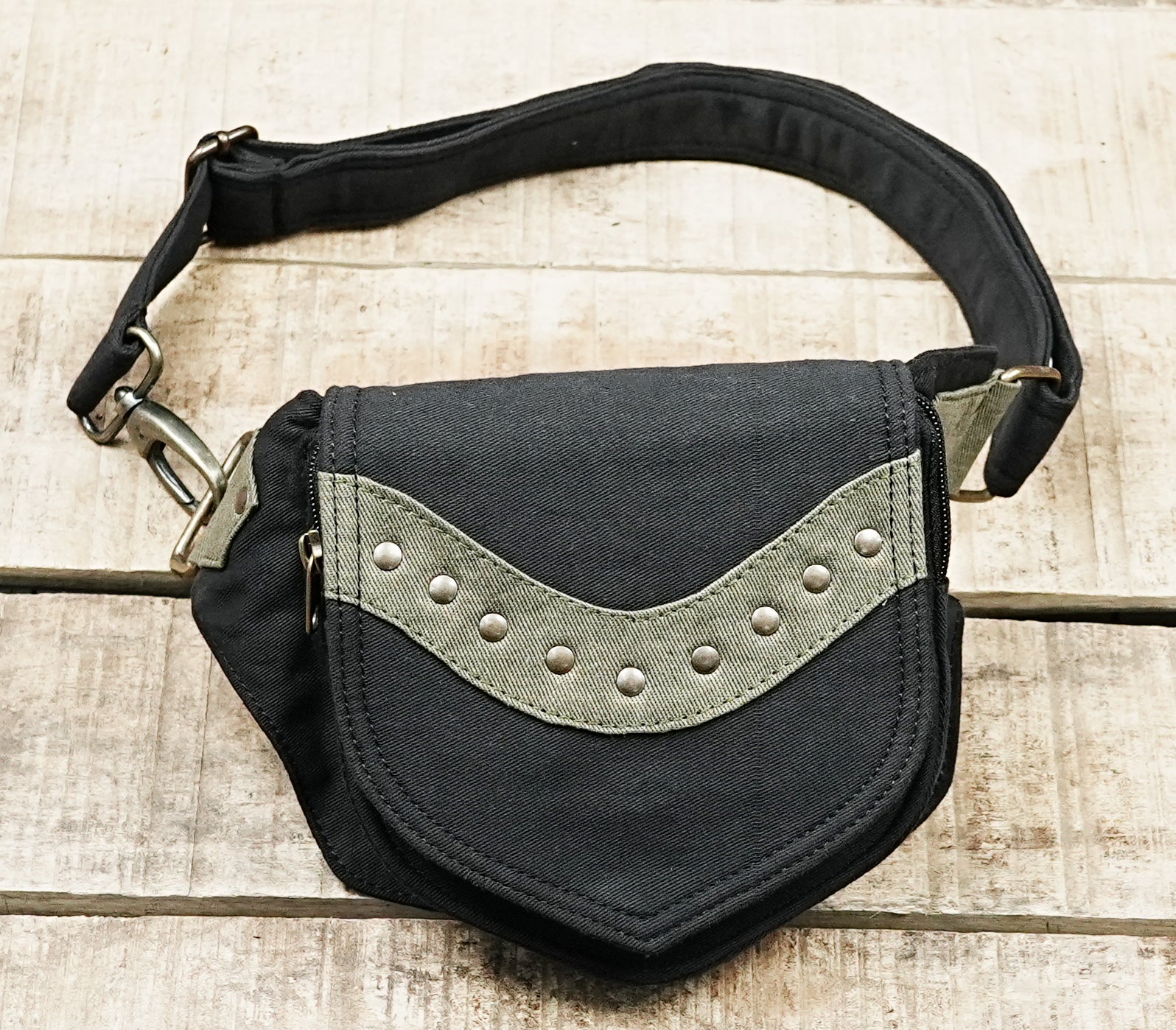 Studded festival hip bag in black cotton canvas with metal swivel clasp