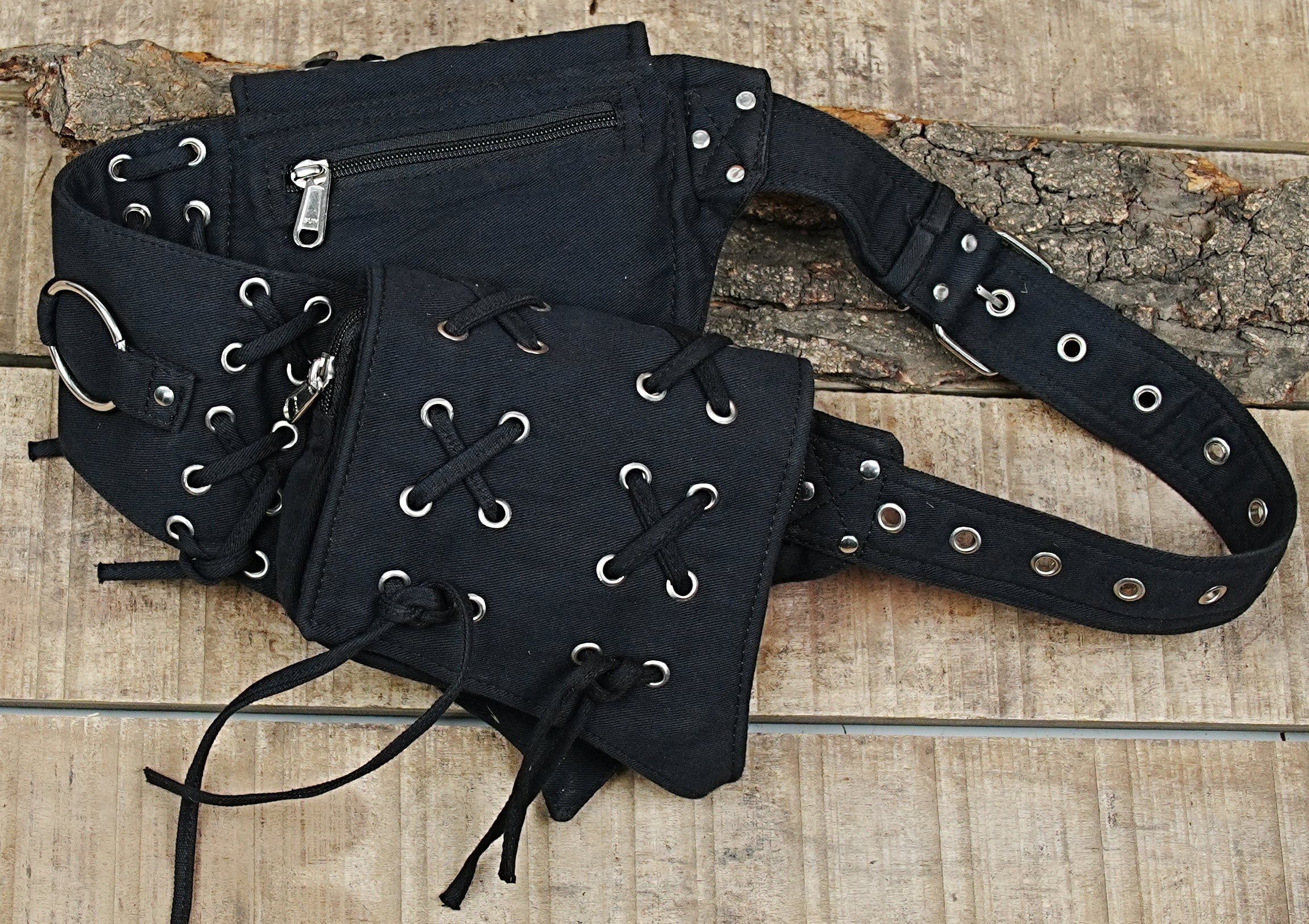 Urban street style black utility belt bag featuring functional punk and cyberpunk design elements.
