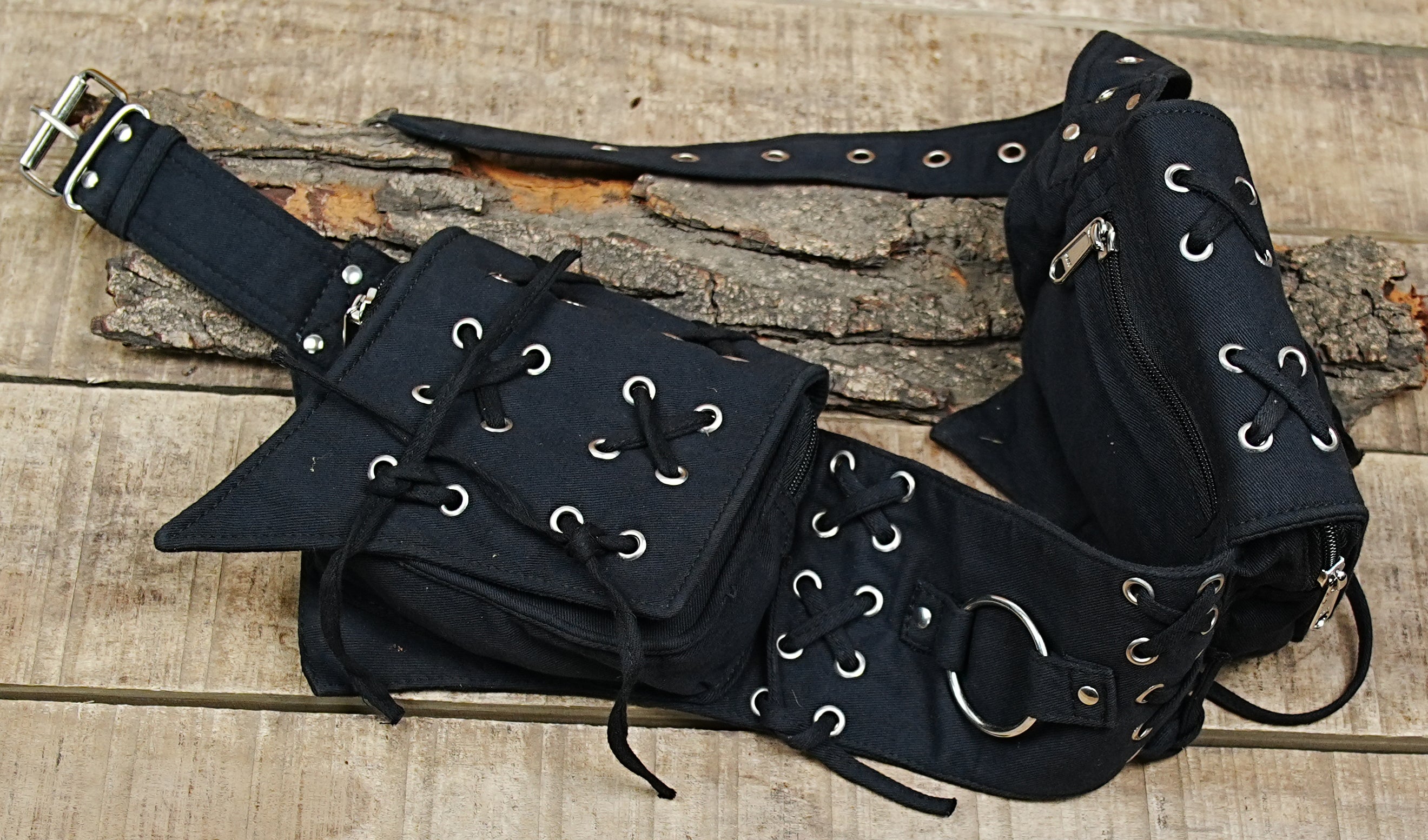 Secure cyberpunk-themed hip pouch in black cotton with practical metal hardware.