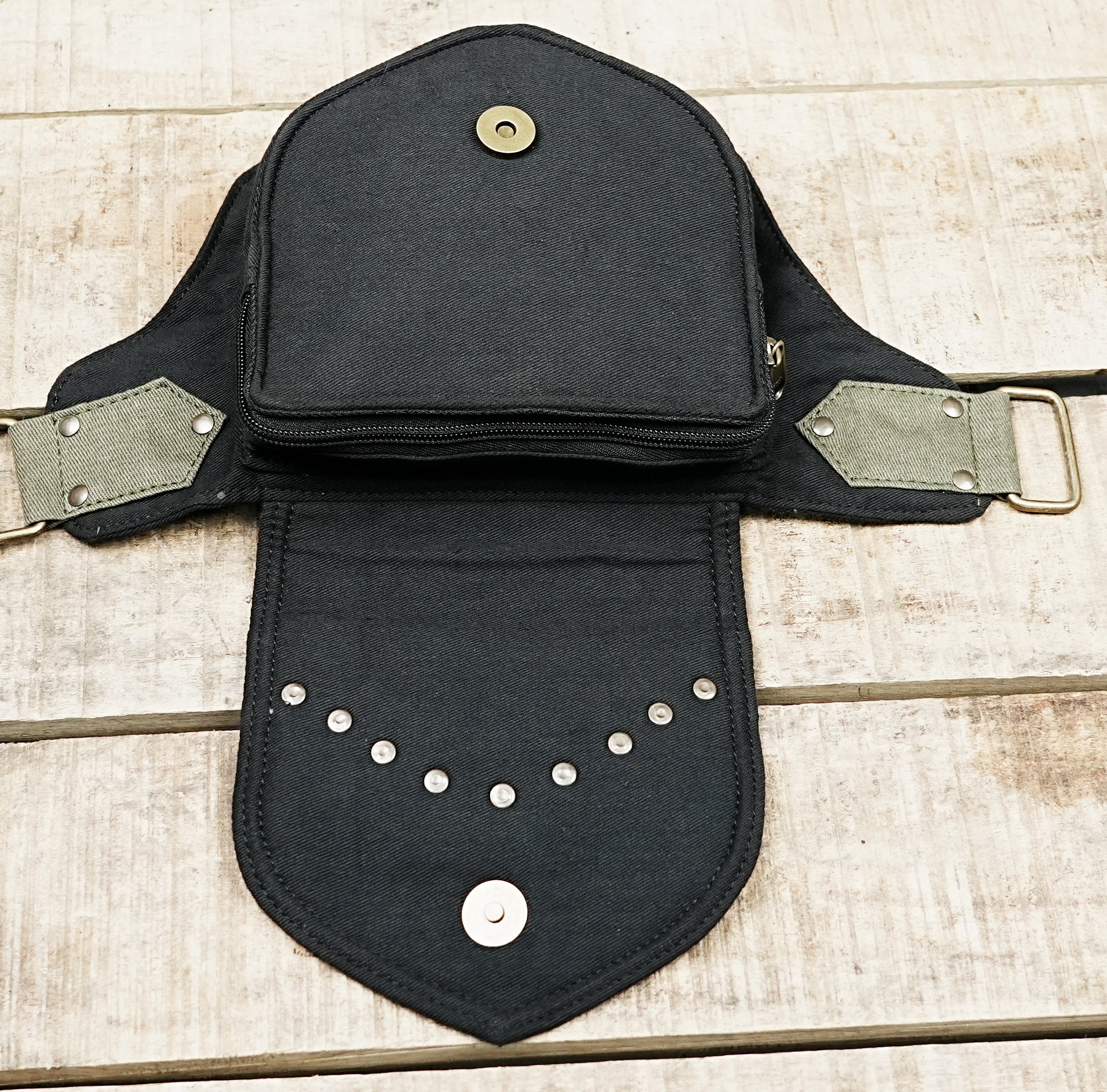 Burning man utility belt bag with rivet detailing and zip closure