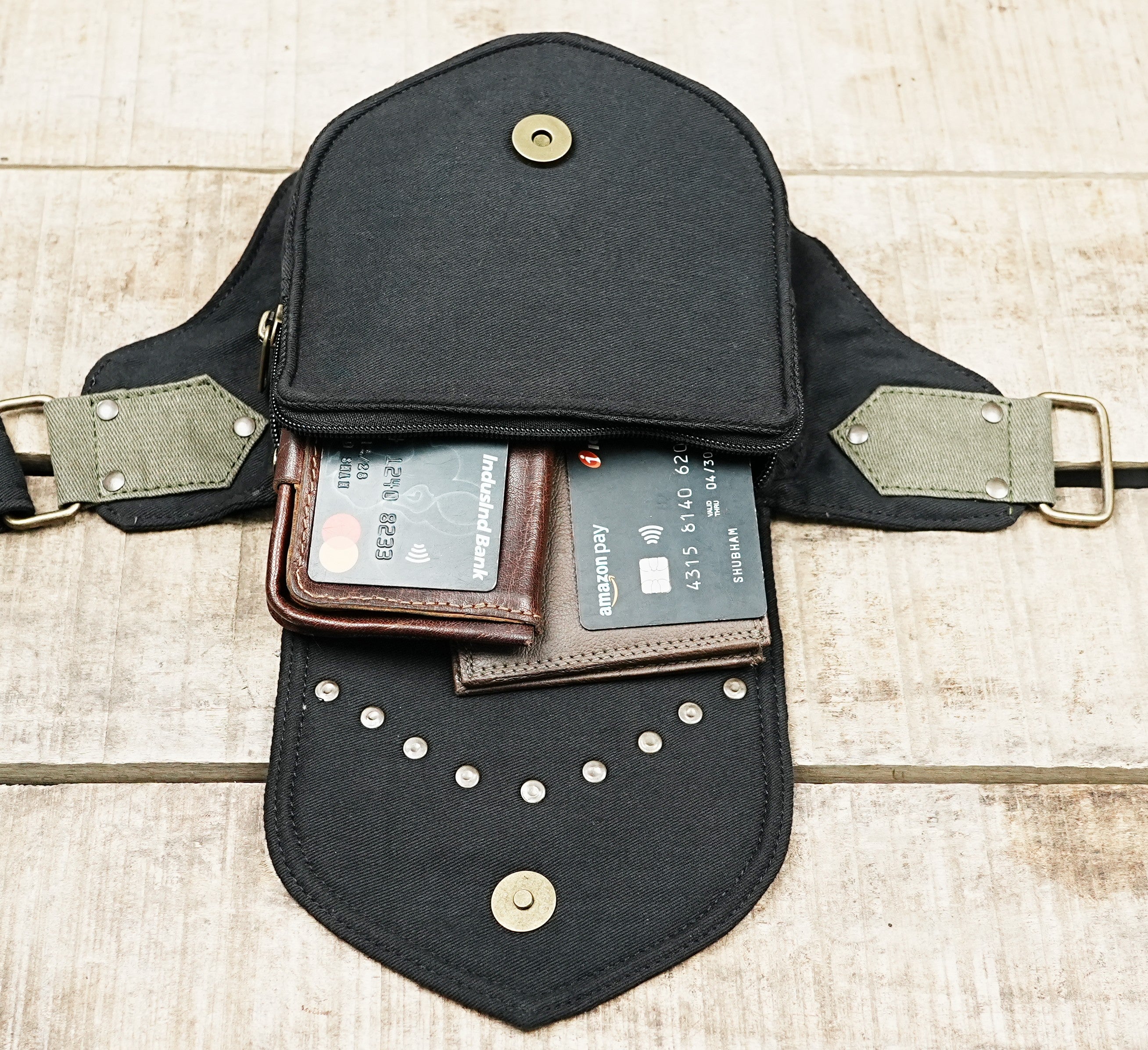Burning man utility belt bag with rivet detailing and zip closure