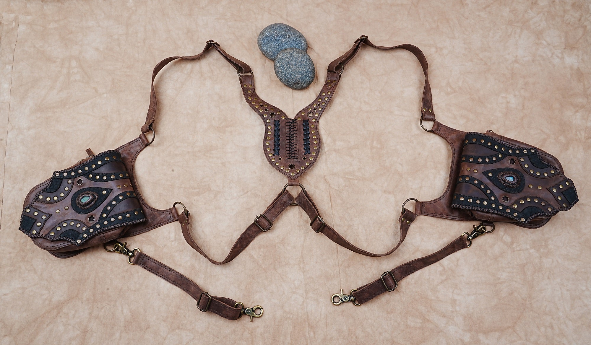 Handmade genuine leather dual holster belt with gemstone accents